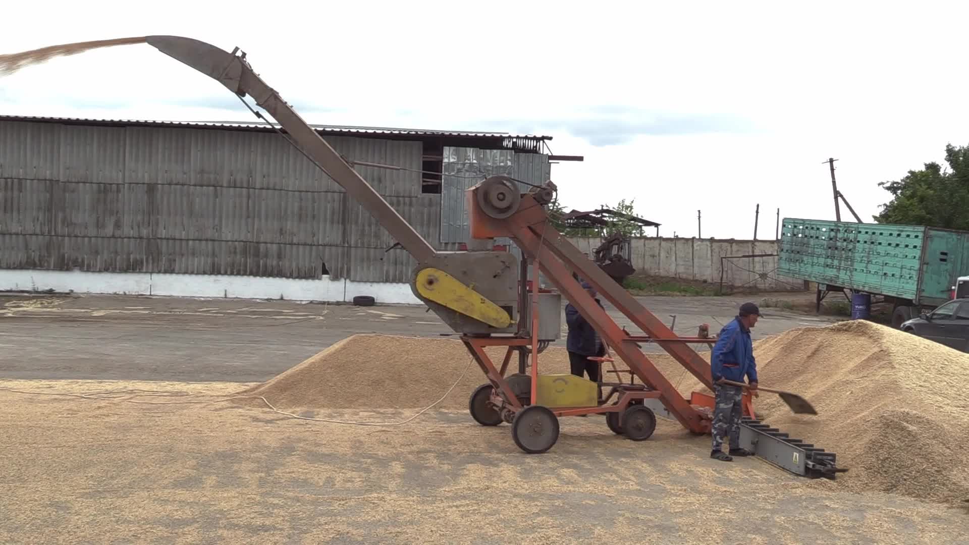 Ukrainian farmers upload barley and wheat grain at a terminal in Odesa region, amid Russia's invasion of Ukraine