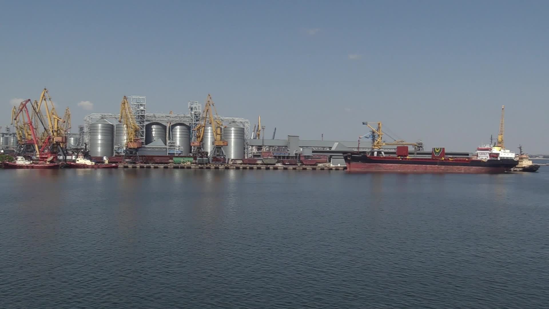 The grain terminal and the Comorian-flagged Kubrosli-Y cargo ship with wheat grain in the sea port of Odesa, amid Russia's invasion of Ukraine