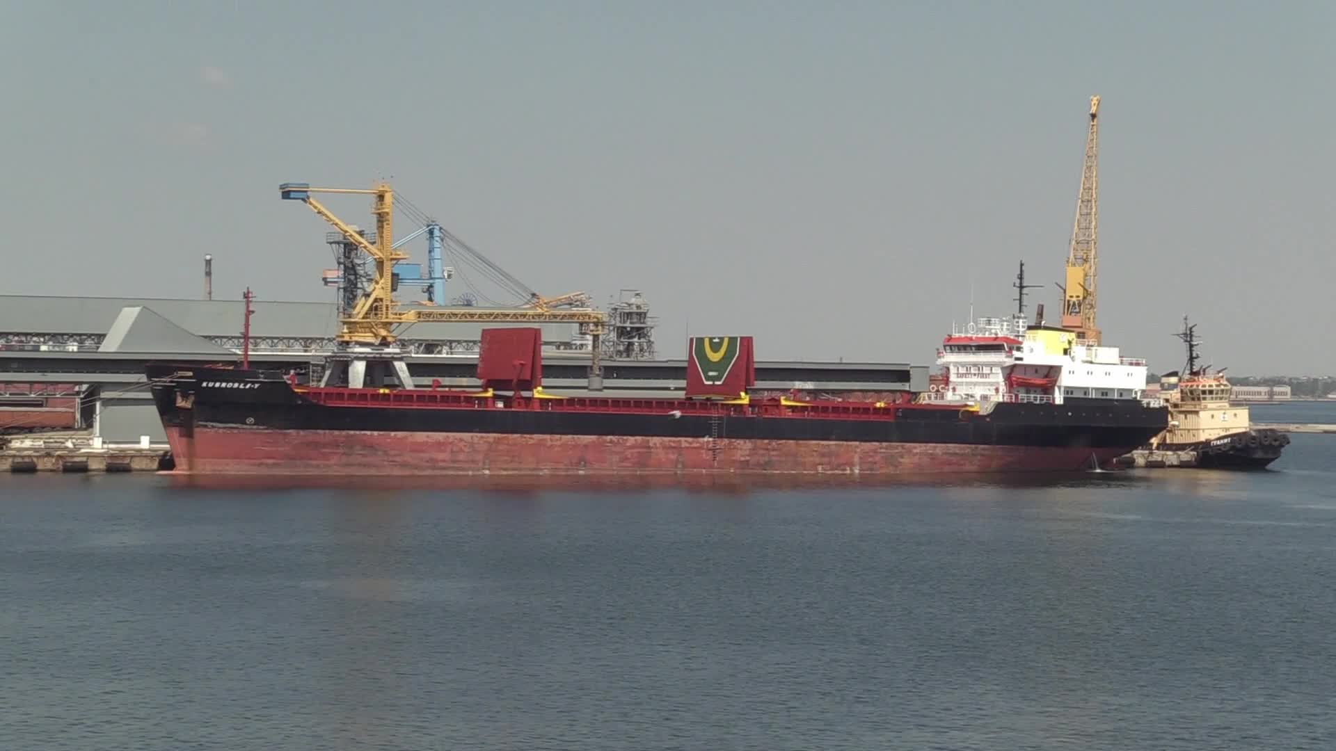 The grain terminal and the Comorian-flagged Kubrosli-Y cargo ship with wheat grain in the sea port of Odesa, amid Russia's invasion of Ukraine