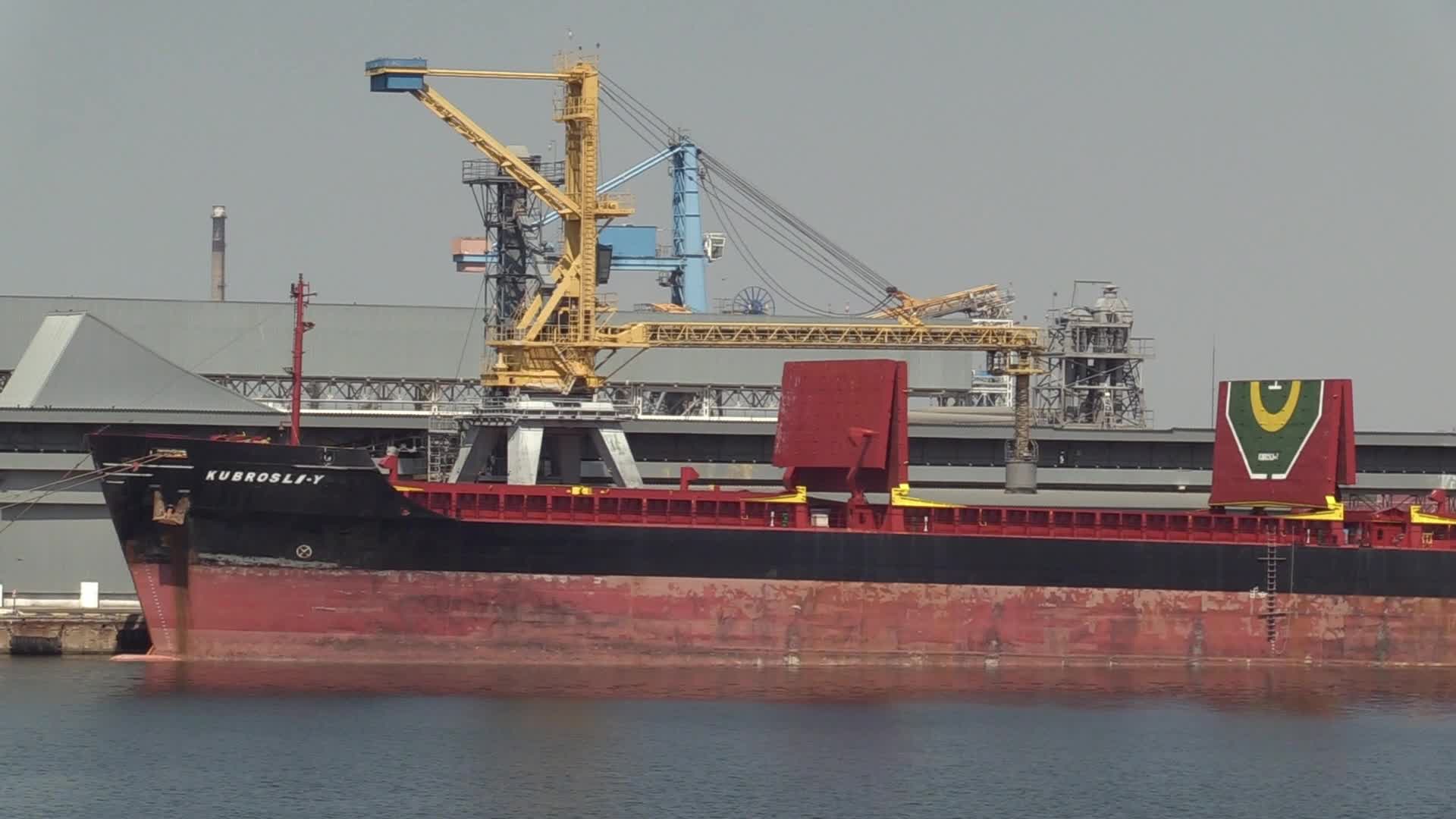 The grain terminal and the Comorian-flagged Kubrosli-Y cargo ship with wheat grain in the sea port of Odesa, amid Russia's invasion of Ukraine