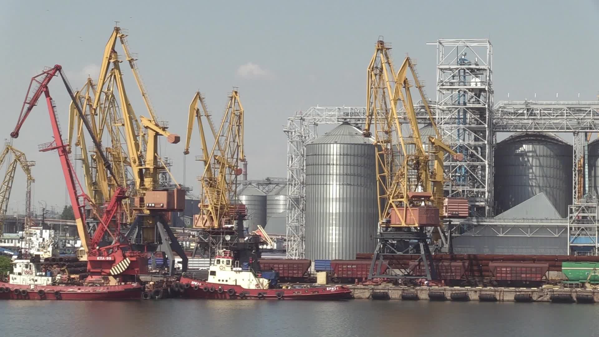 The grain terminal and the Comorian-flagged Kubrosli-Y cargo ship with wheat grain in the sea port of Odesa, amid Russia's invasion of Ukraine