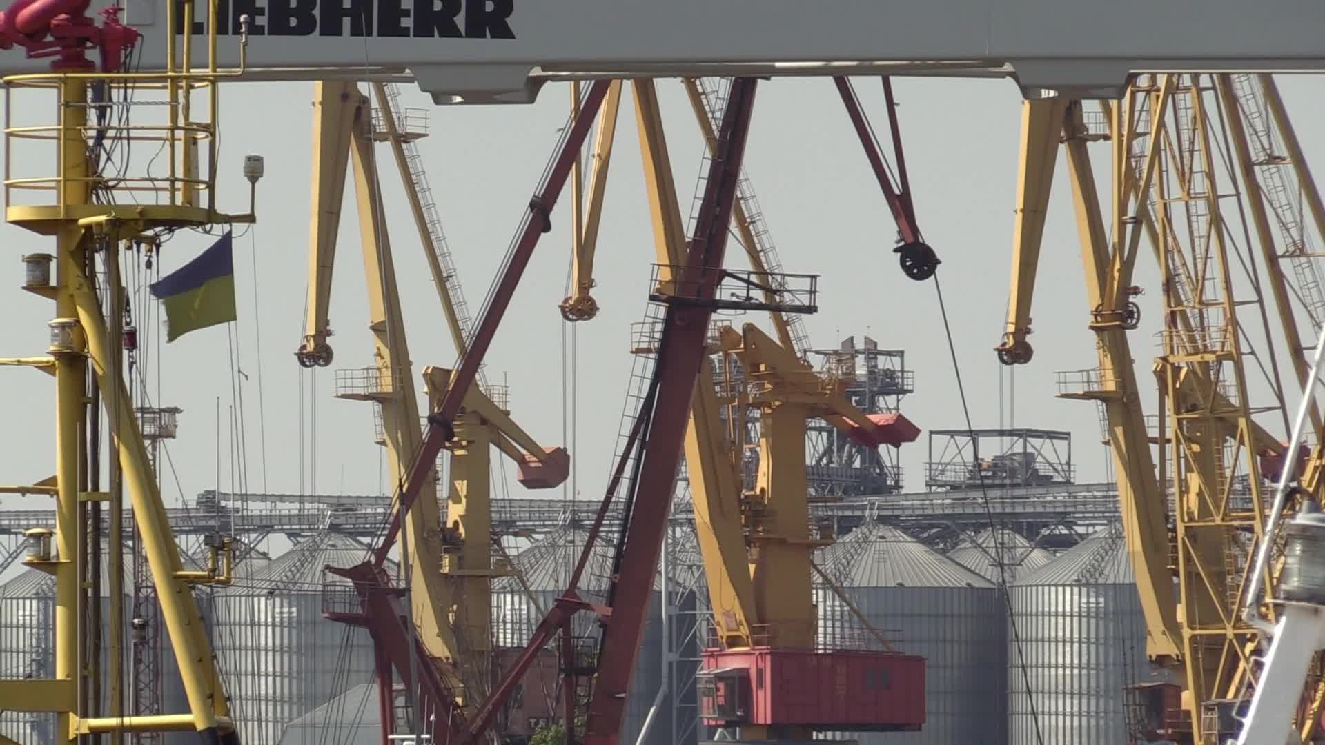 The grain terminal and the Comorian-flagged Kubrosli-Y cargo ship with wheat grain in the sea port of Odesa, amid Russia's invasion of Ukraine