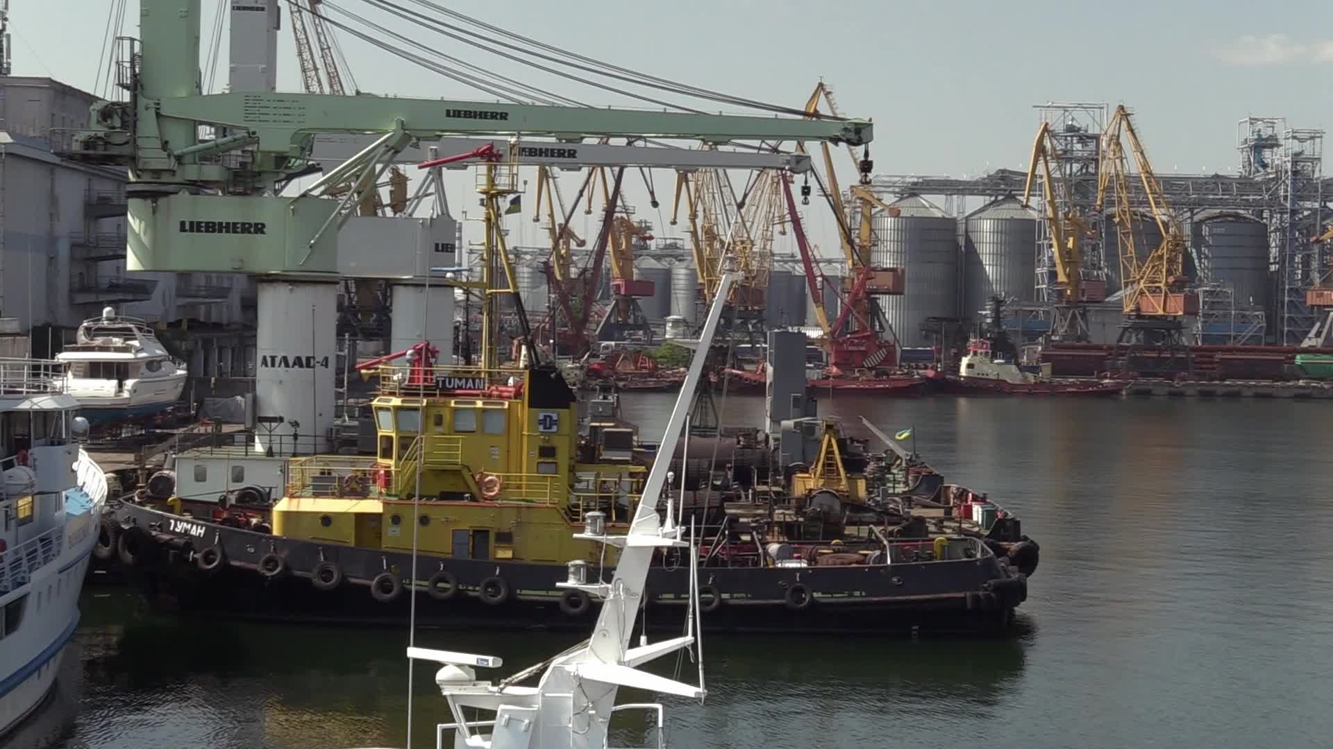 The grain terminal and the Comorian-flagged Kubrosli-Y cargo ship with wheat grain in the sea port of Odesa, amid Russia's invasion of Ukraine