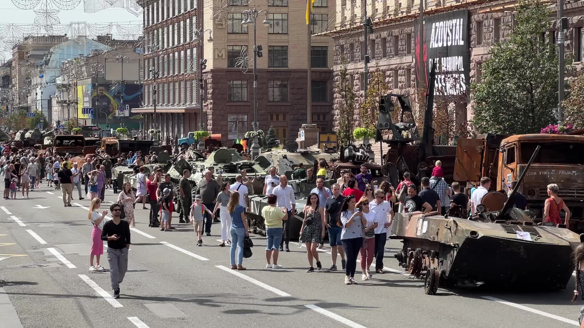 Exhibition of destroyed russian military vehicles on Khreshchatyk street in center of Kyiv 