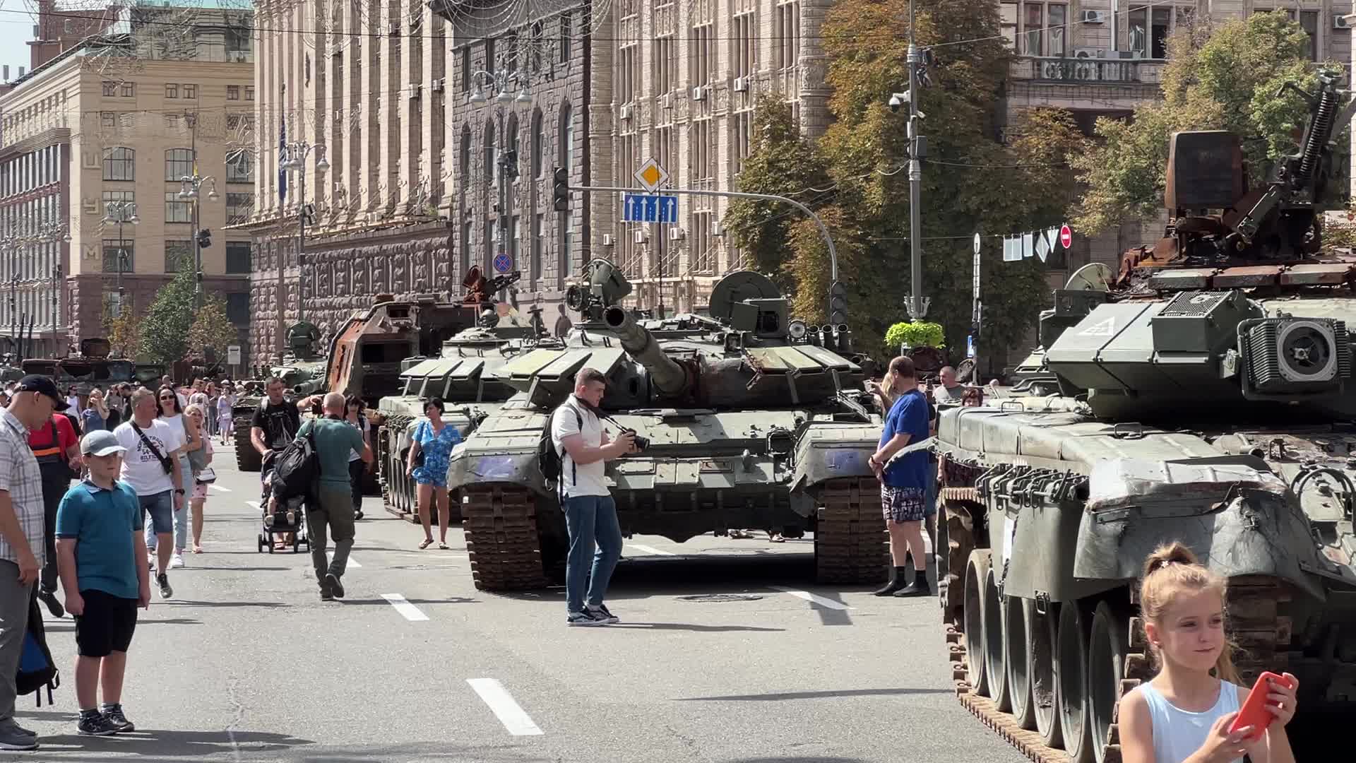 Exhibition of destroyed russian military vehicles on Khreshchatyk street in center of Kyiv 