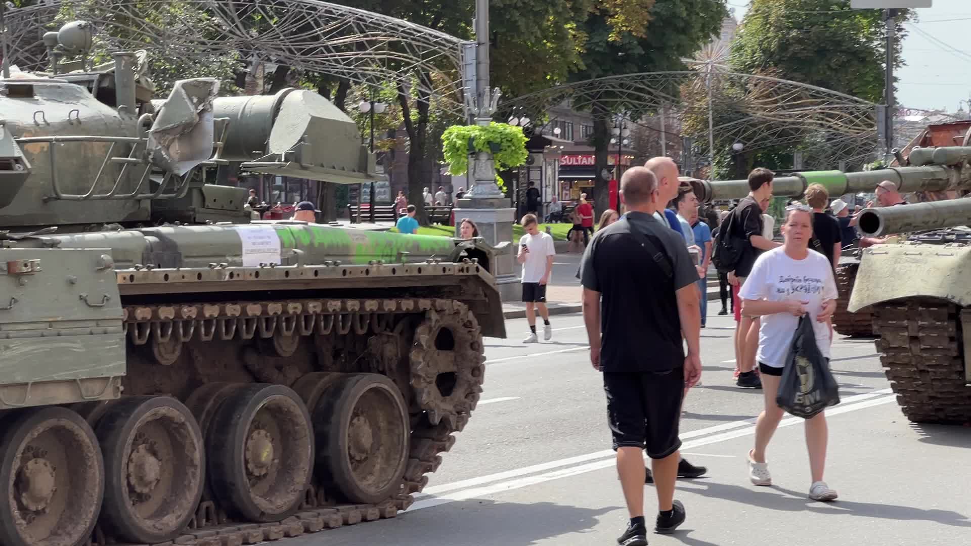 Exhibition of destroyed russian military vehicles on Khreshchatyk street in center of Kyiv 