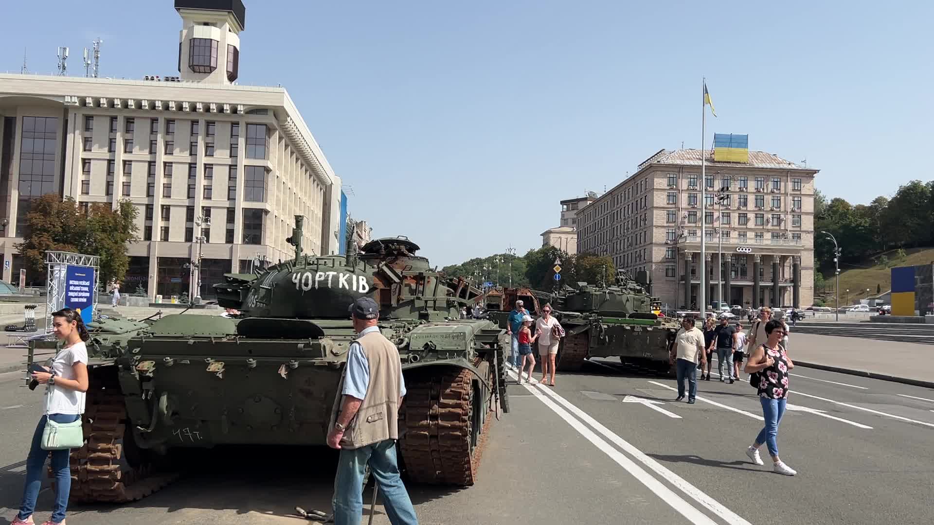 Exhibition of destroyed russian military vehicles on Khreshchatyk street in center of Kyiv 
