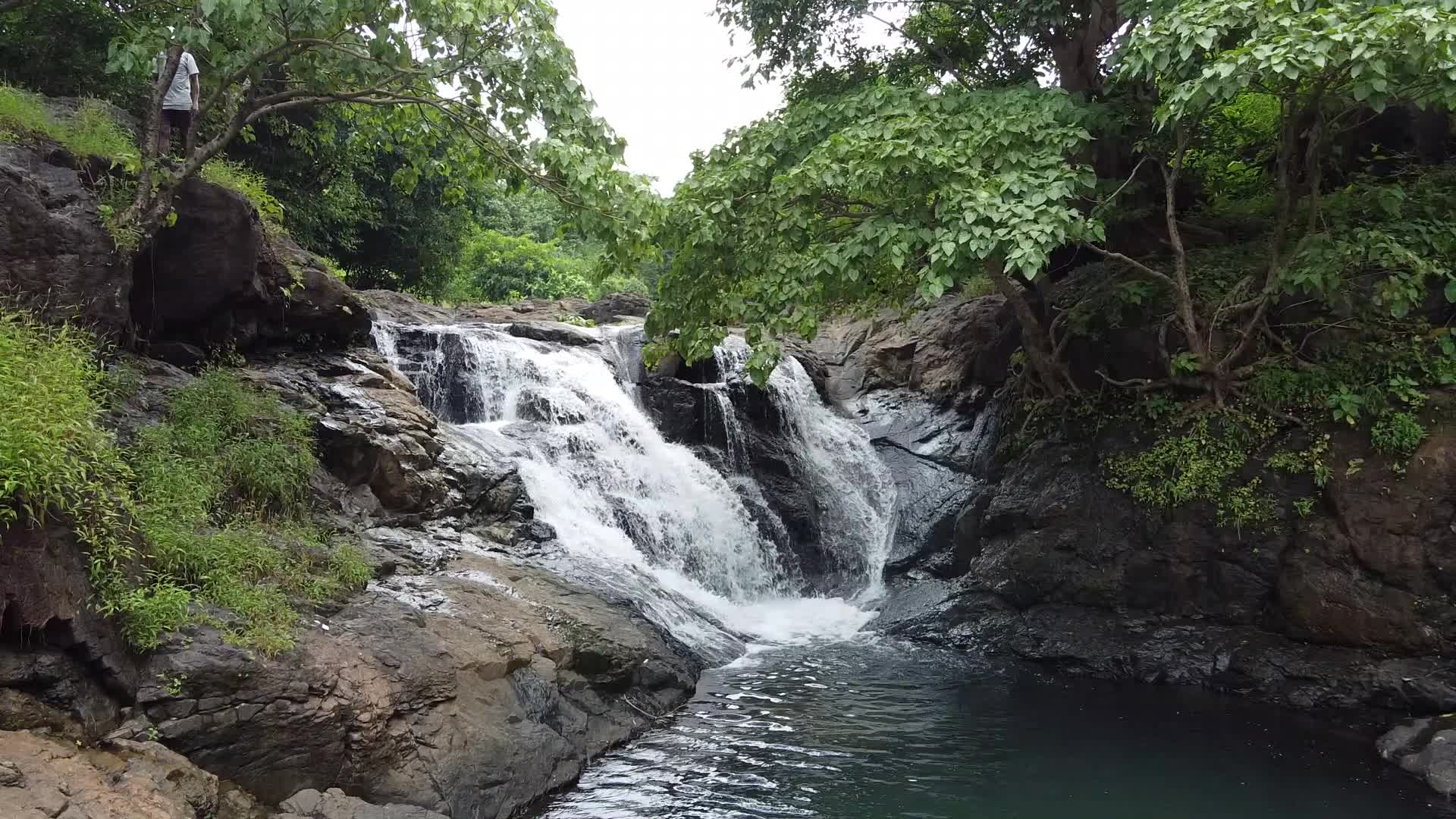 Group of friends enjoying the nature and waterfall