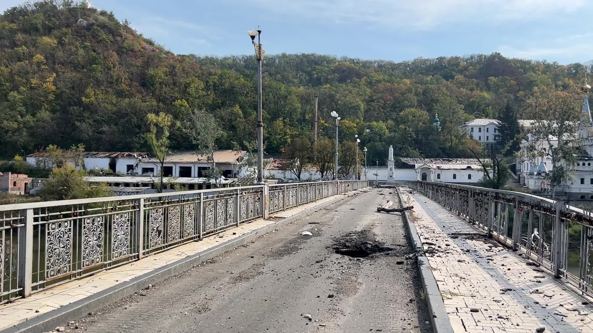 Bridge over the Siverskyi Donets river destroyed during Russia's attack on Ukraine, in the town of Sviatohirsk