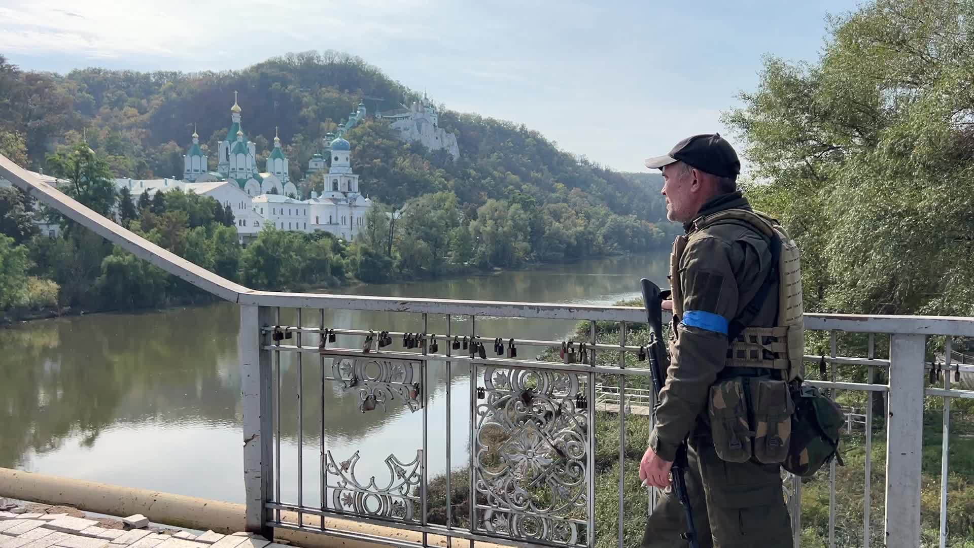 Bridge over the Siverskyi Donets river destroyed during Russia's attack on Ukraine, in the town of Sviatohirsk