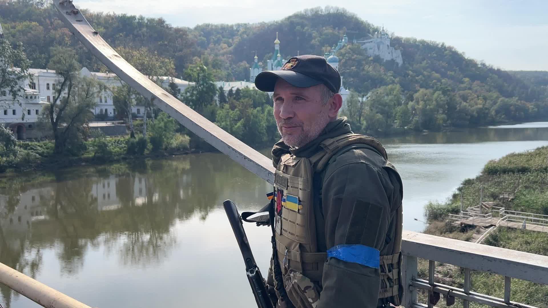 Bridge over the Siverskyi Donets river destroyed during Russia's attack on Ukraine, in the town of Sviatohirsk