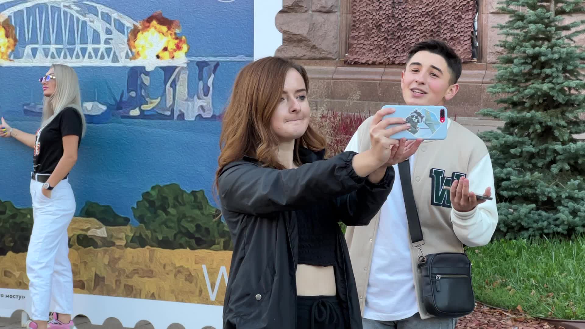 Artwork depicting Kerch bridge on fire in Kyiv, Ukraine