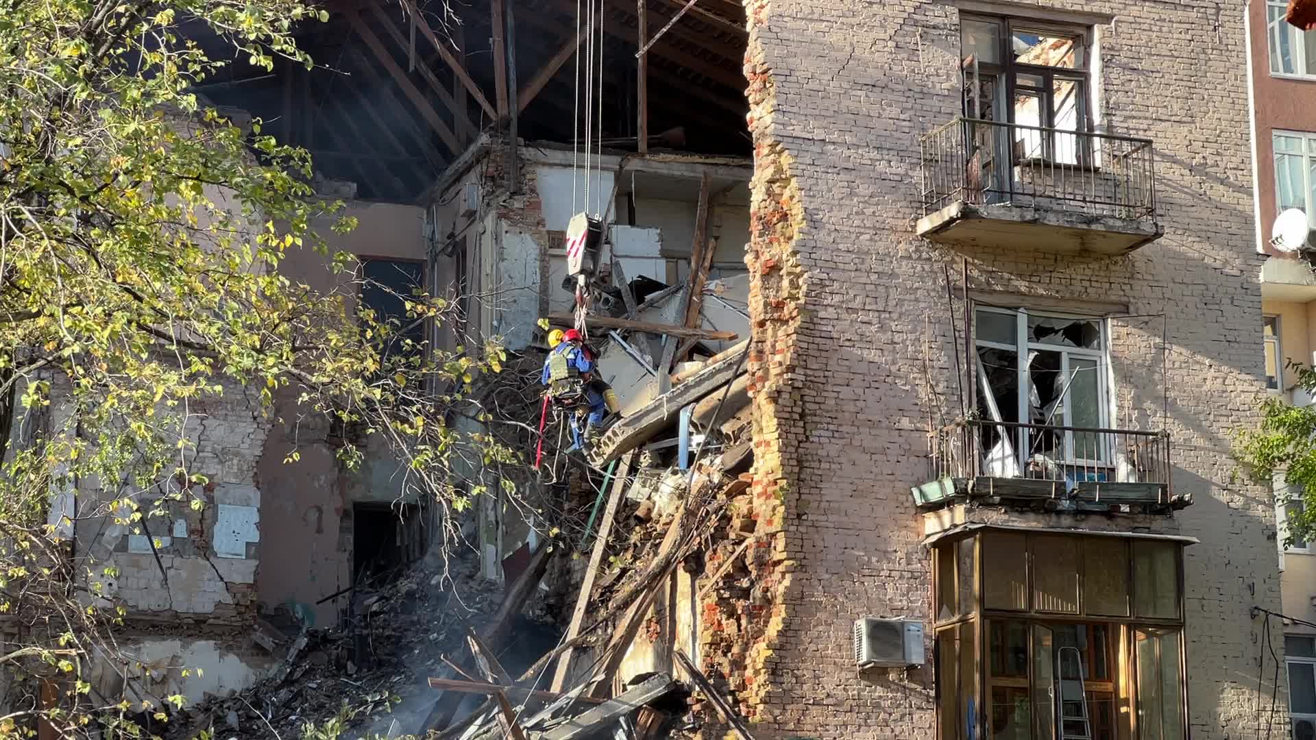 Apartment building that was destroyed by a Russian drone in Kyiv 