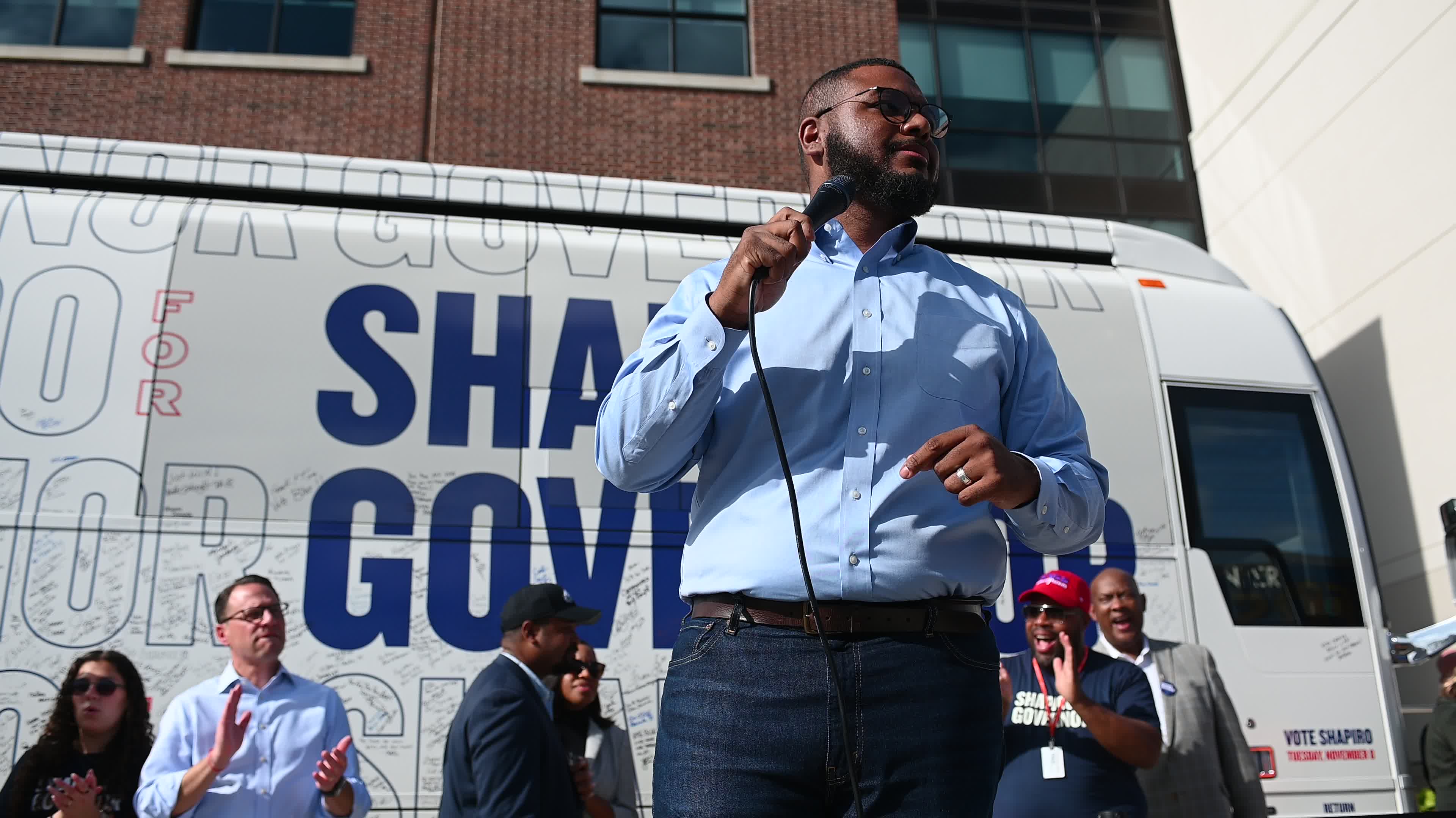 Josh Shaprio and Austin Davis Bus Stop Tour Labor Rally in North Philaelphia, PA