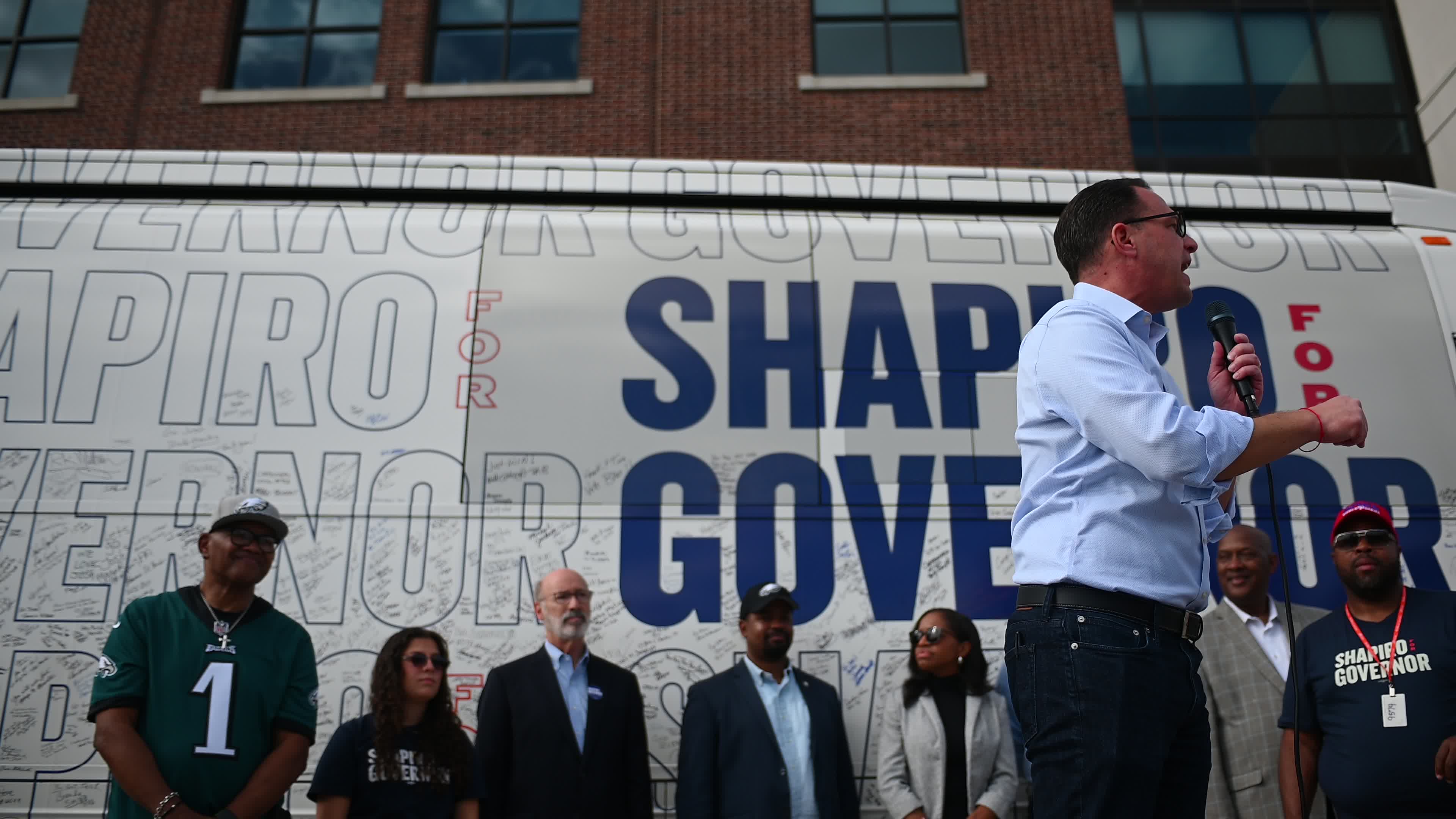 Josh Shaprio and Austin Davis Bus Stop Tour Labor Rally in North Philaelphia, PA