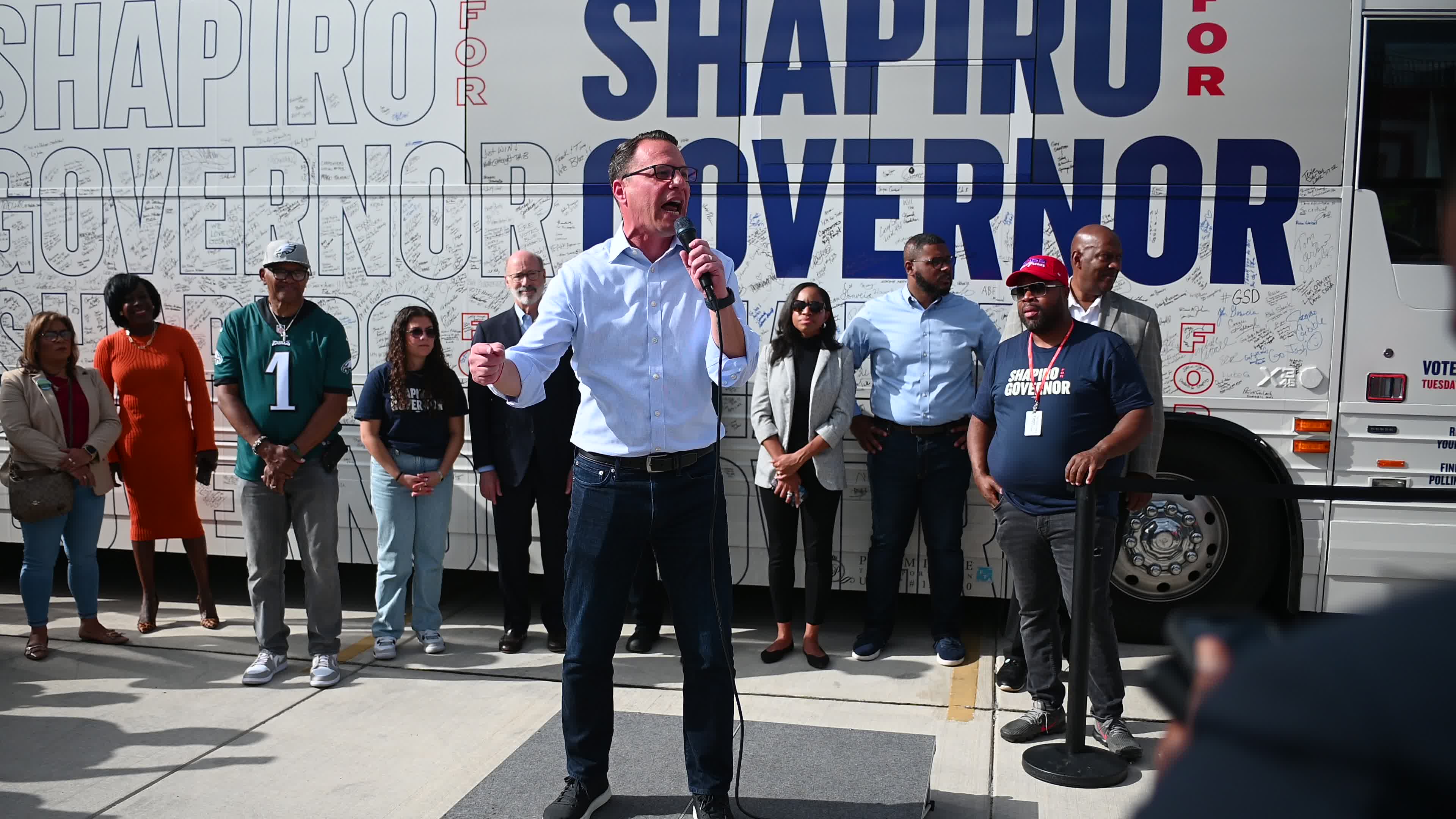 Josh Shaprio and Austin Davis Bus Stop Tour Labor Rally in North Philaelphia, PA