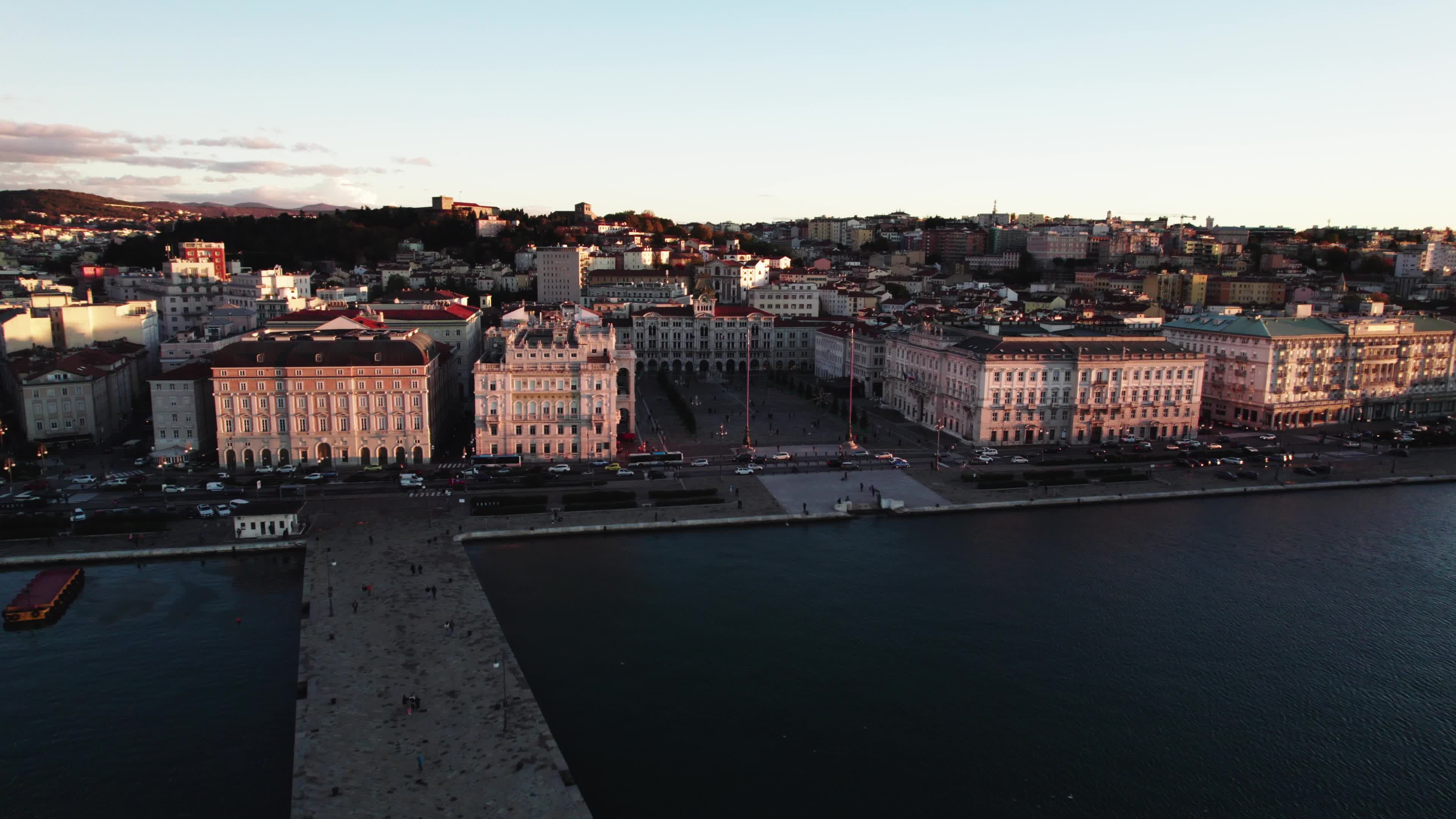 Drone View Of Unity of Italy Square In Trieste,  The Europe's Largest Square Located Next To The Sea