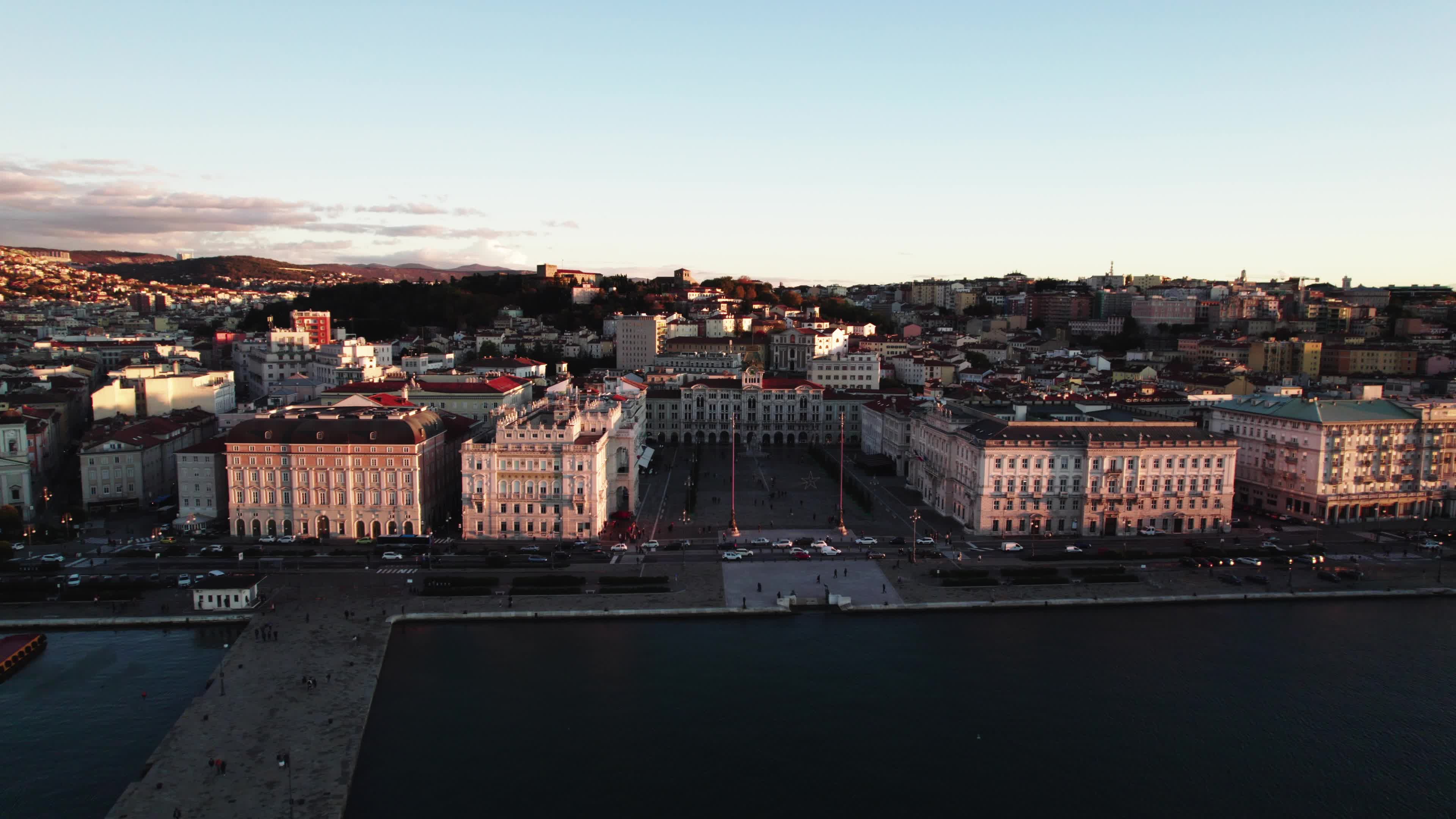 Drone View Of Unity of Italy Square In Trieste,  The Europe's Largest Square Located Next To The Sea