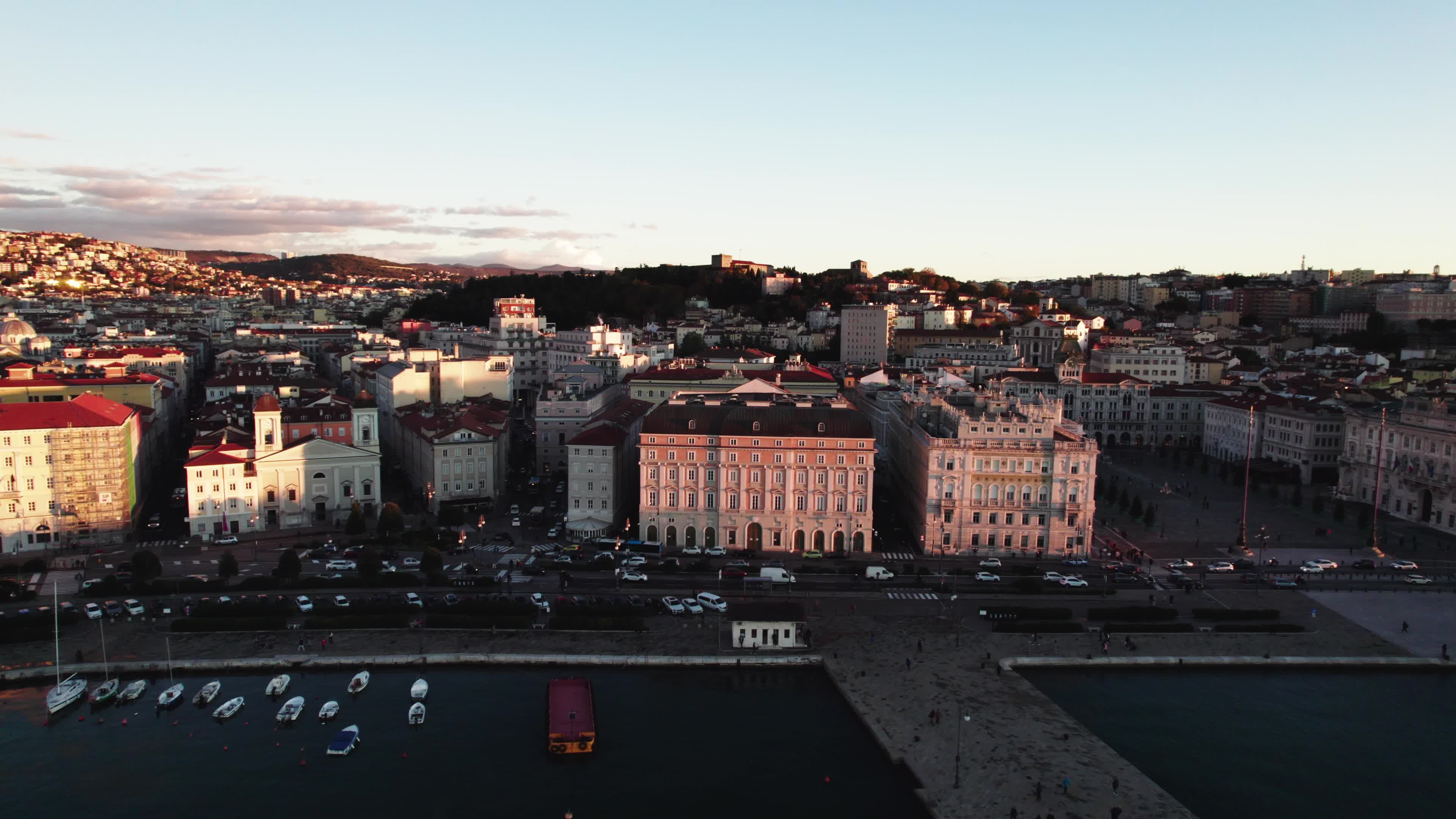 Drone View Of Unity of Italy Square In Trieste,  The Europe's Largest Square Located Next To The Sea