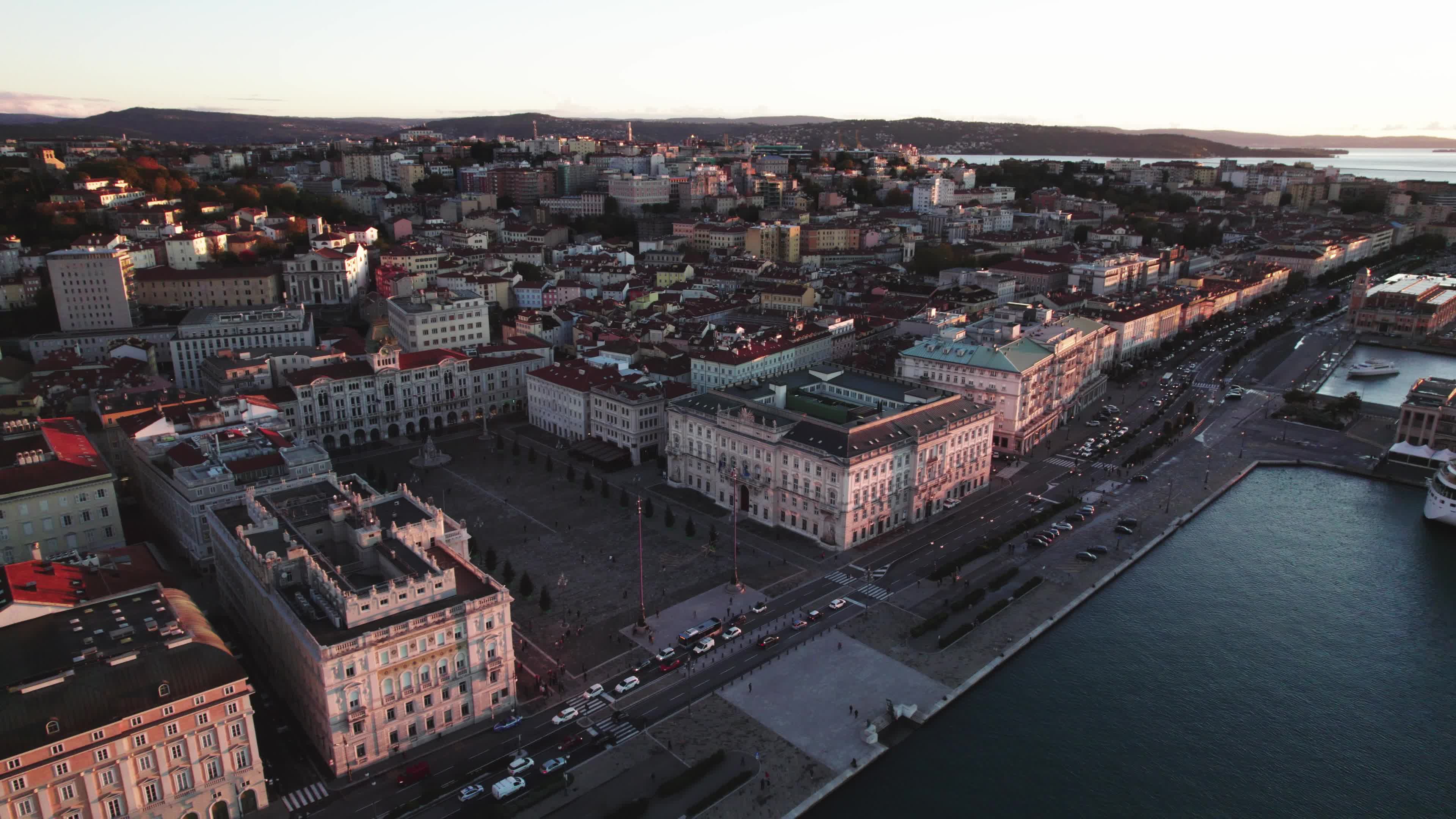Drone View Of Unity of Italy Square In Trieste,  The Europe's Largest Square Located Next To The Sea