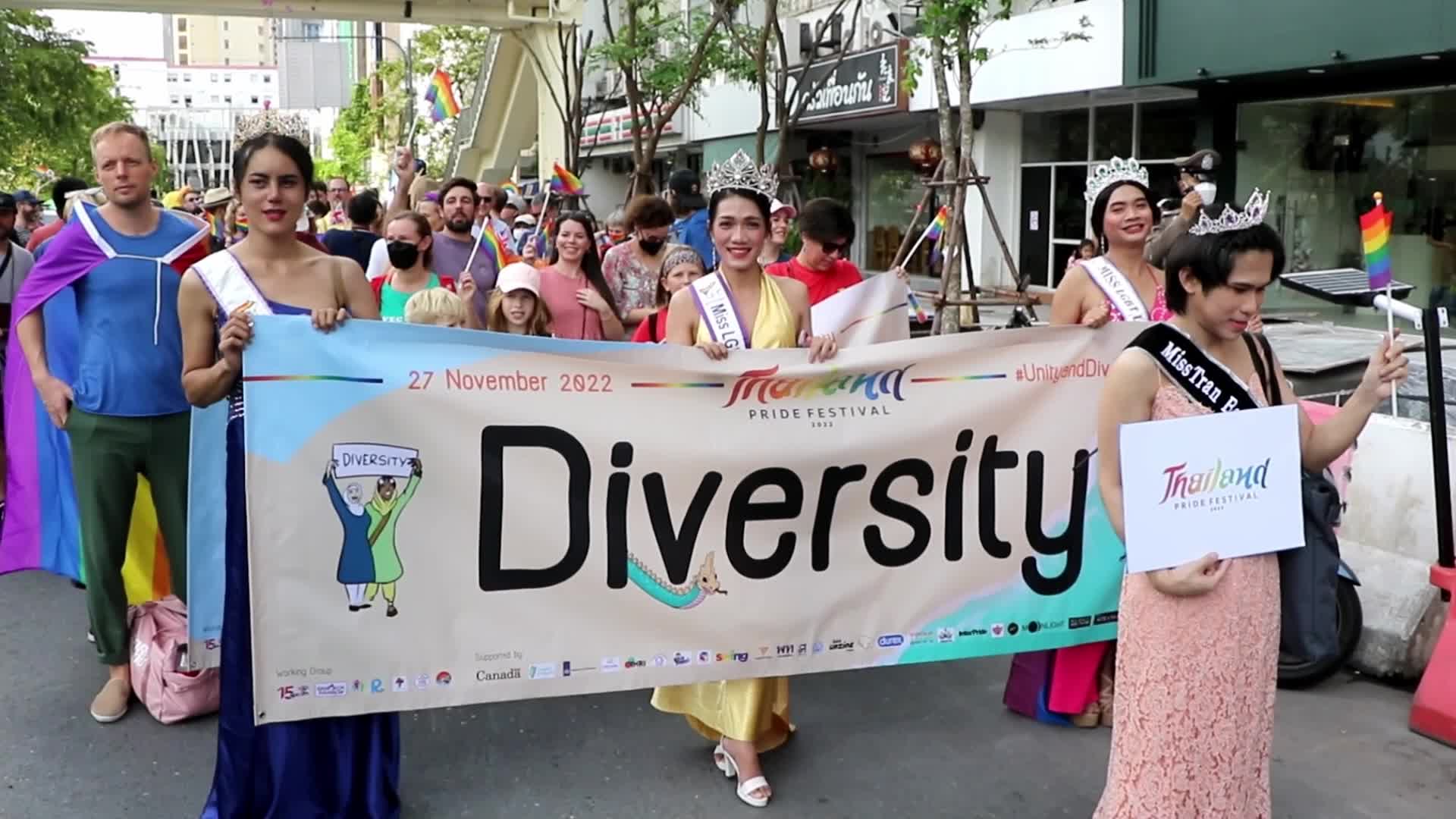 Thai and foreign activists parade during the Pride festival in Bangkok