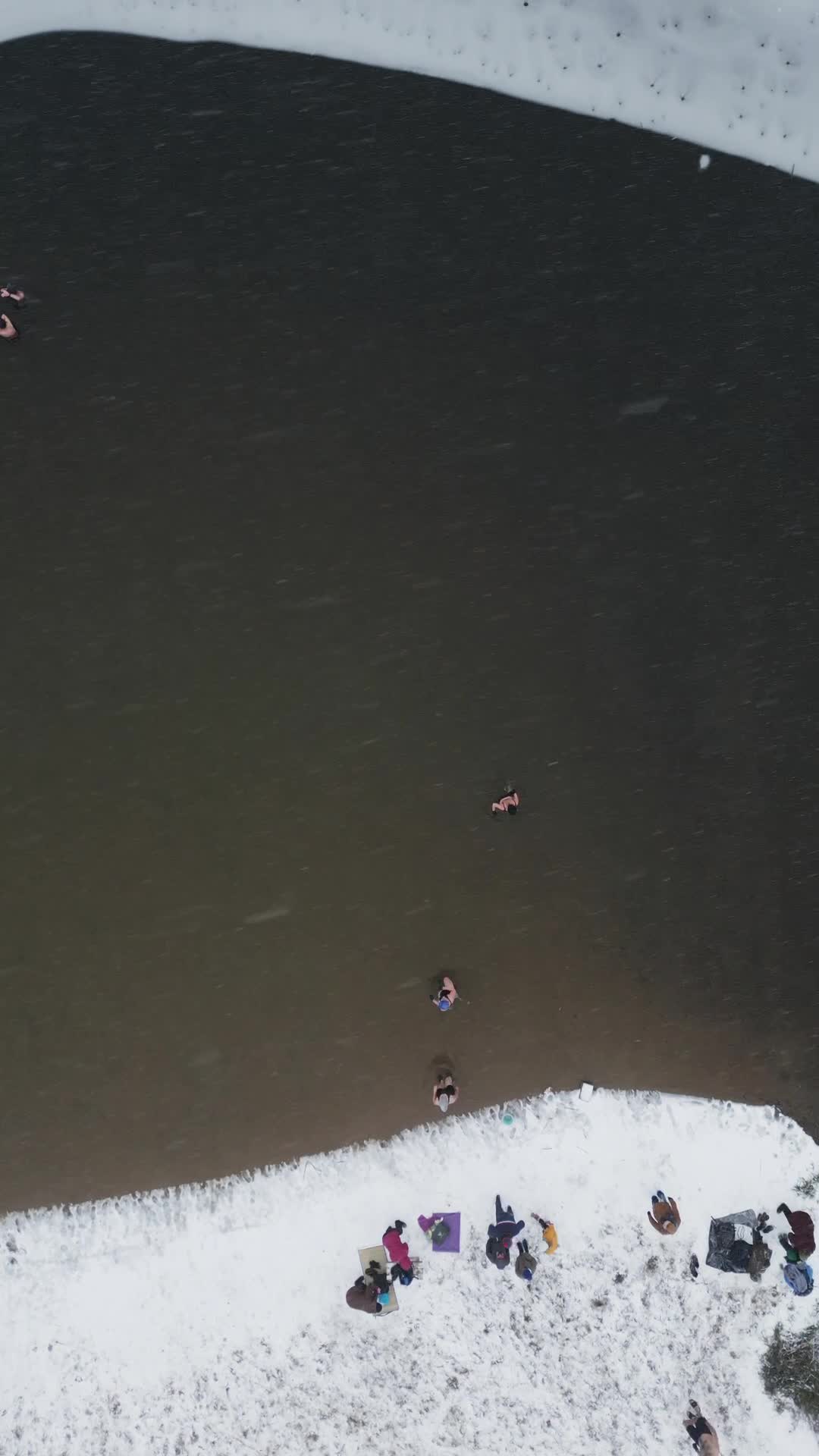 Winter Swimmers in Warsaw During Snowstorm Seen from the Air