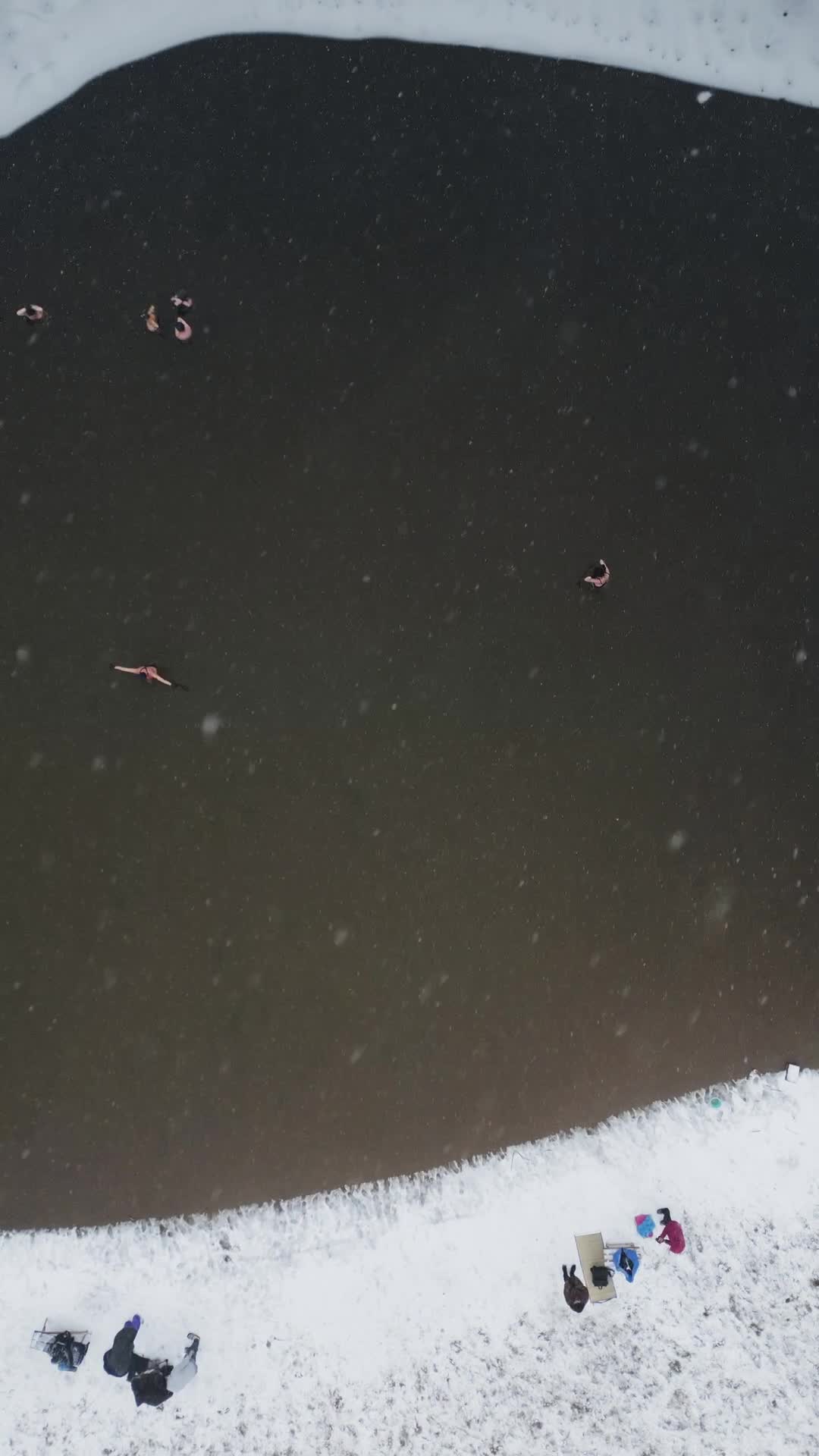 Winter Swimmers in Warsaw During Snowstorm Seen from the Air