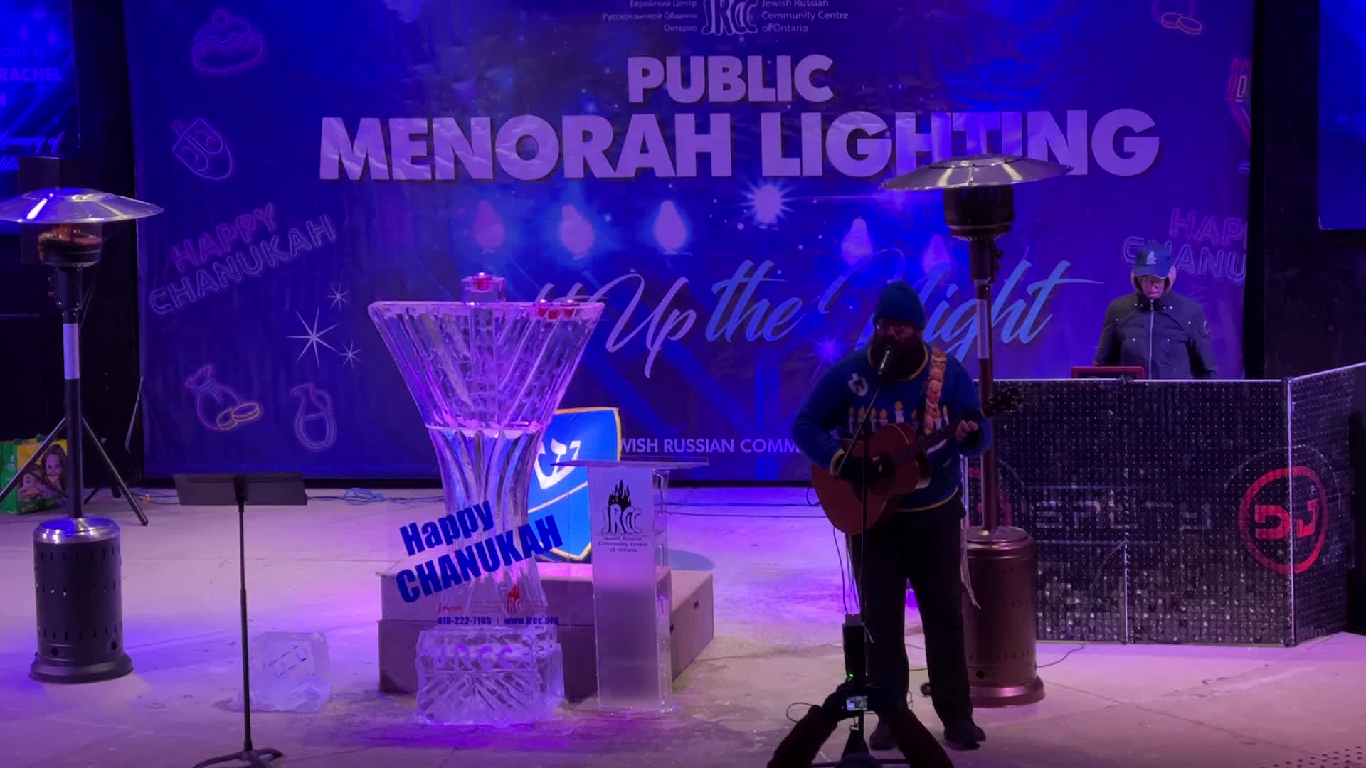 Jews celebrate Chanukah by lighting of a giant menorah made of ice