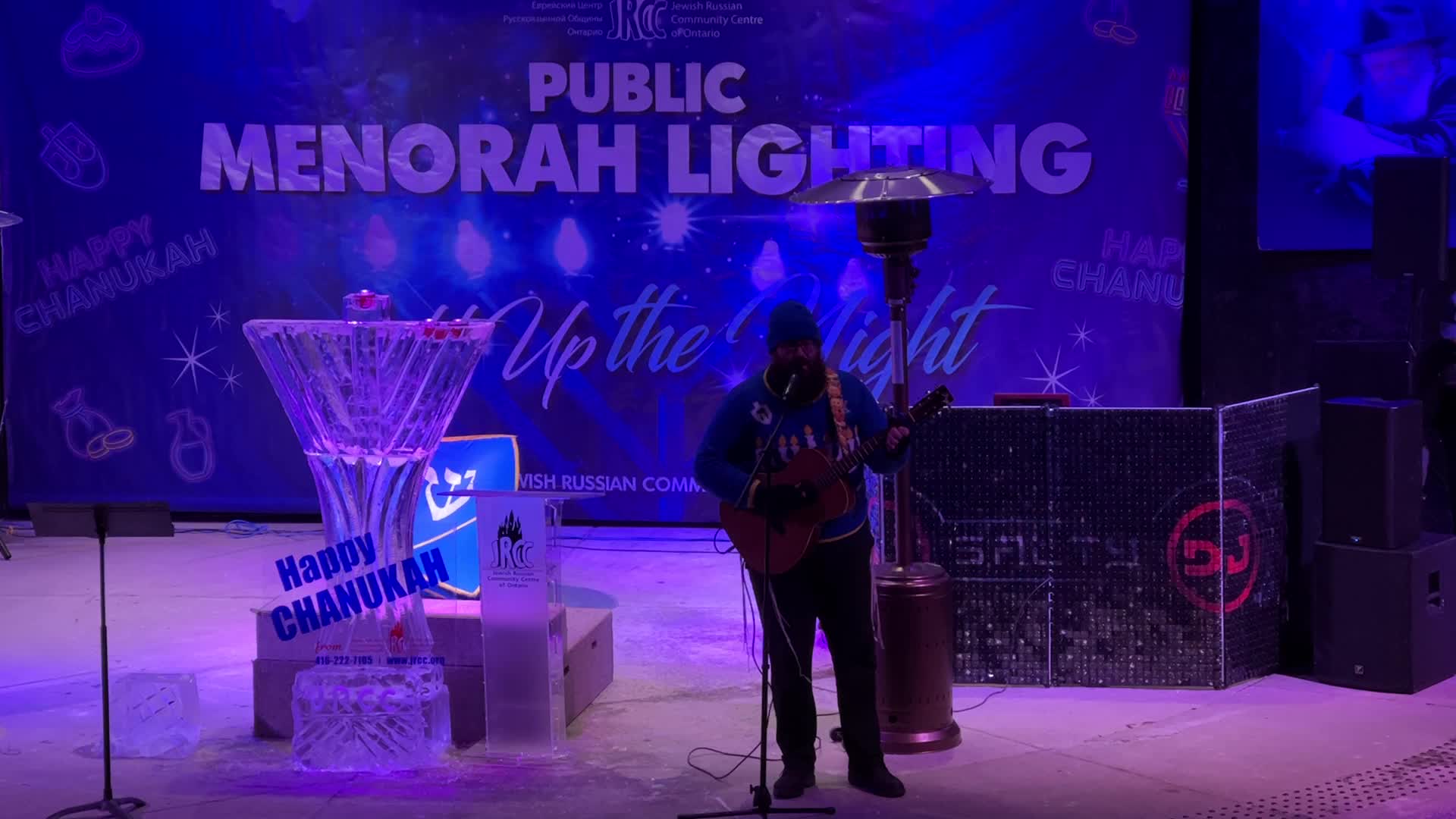 Jews celebrate Chanukah by lighting of a giant menorah made of ice