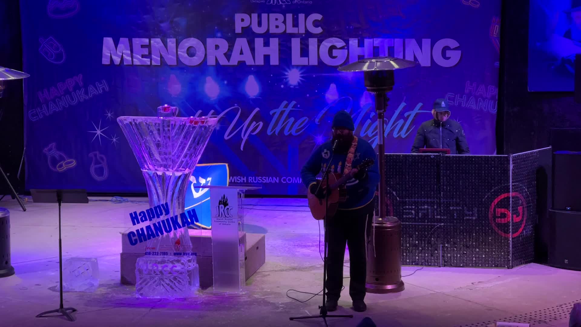 Jews celebrate Chanukah by lighting of a giant menorah made of ice