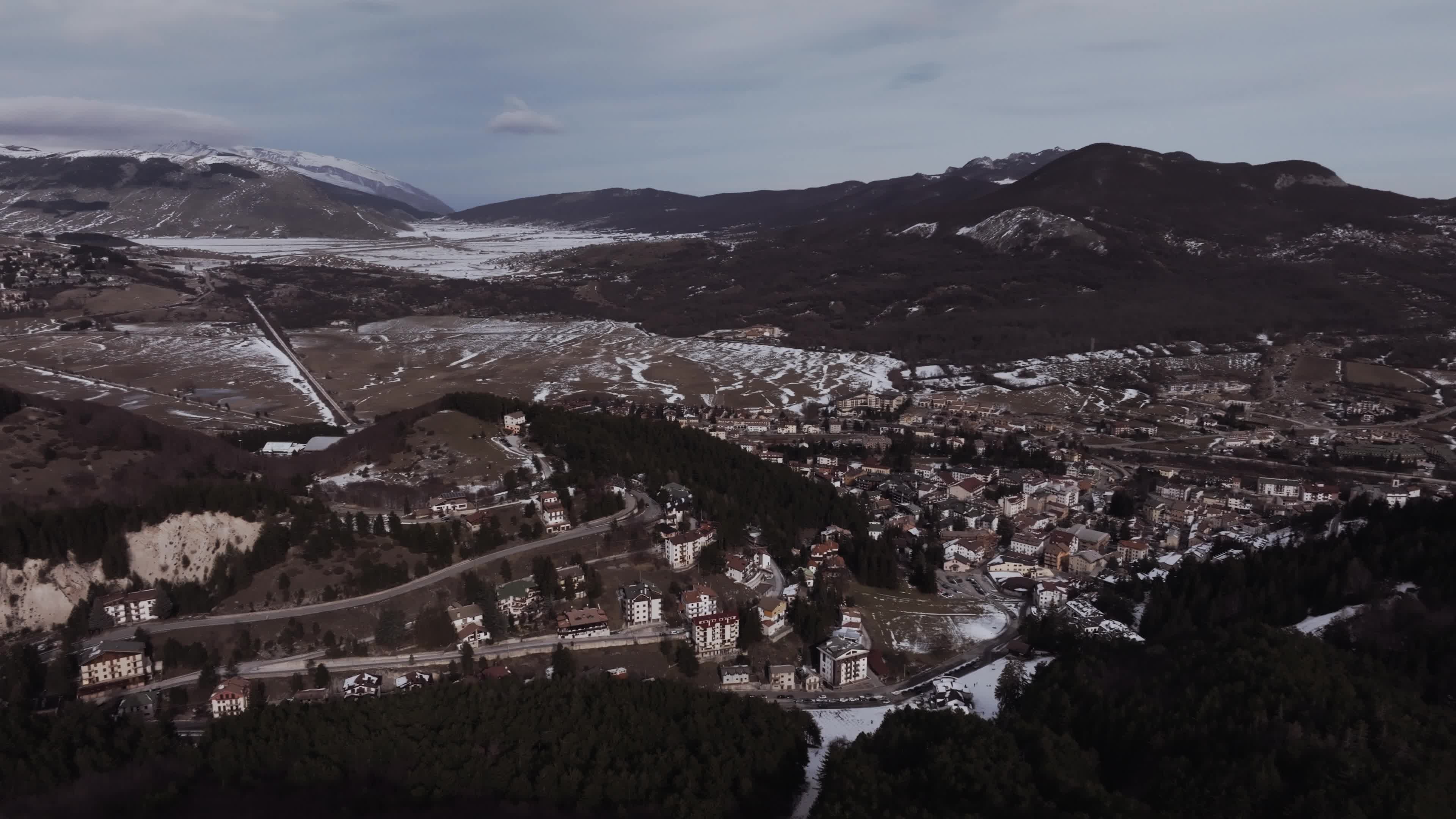 Drone View of Snow-Covered Mountains in Roccaraso, Italy