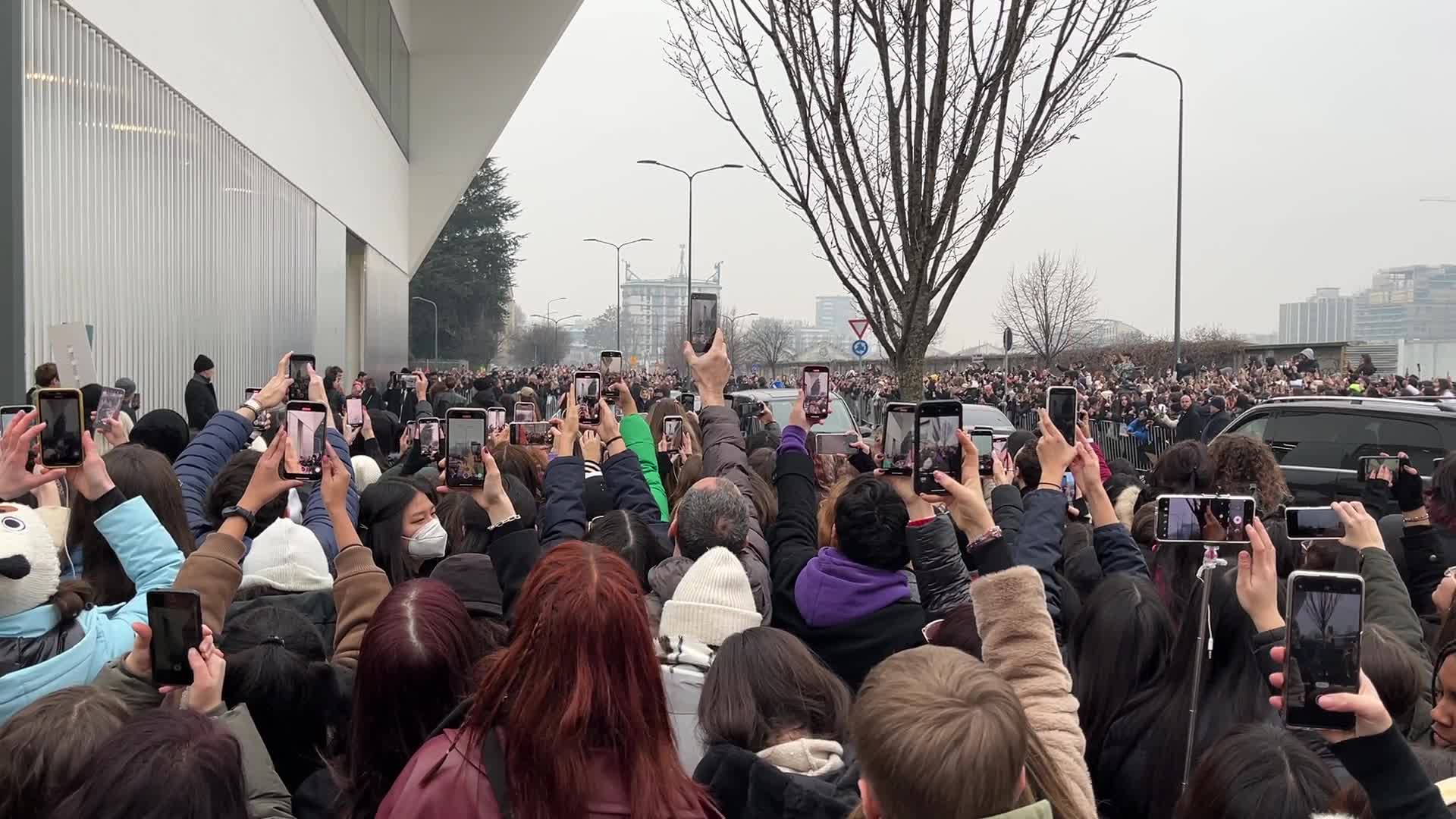 The crowd for the arrival of the South Korean boy band Enhypen at the Prada fashion show during the Milan Men’s Fashion Week Fall/Winter 2023/2024