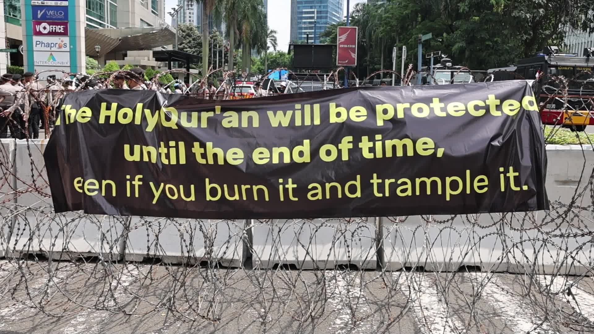 Protest Over Burning Qur'an Incident In Sweden Outside Swedish Embassy Building in Jakarta, Indonesia
