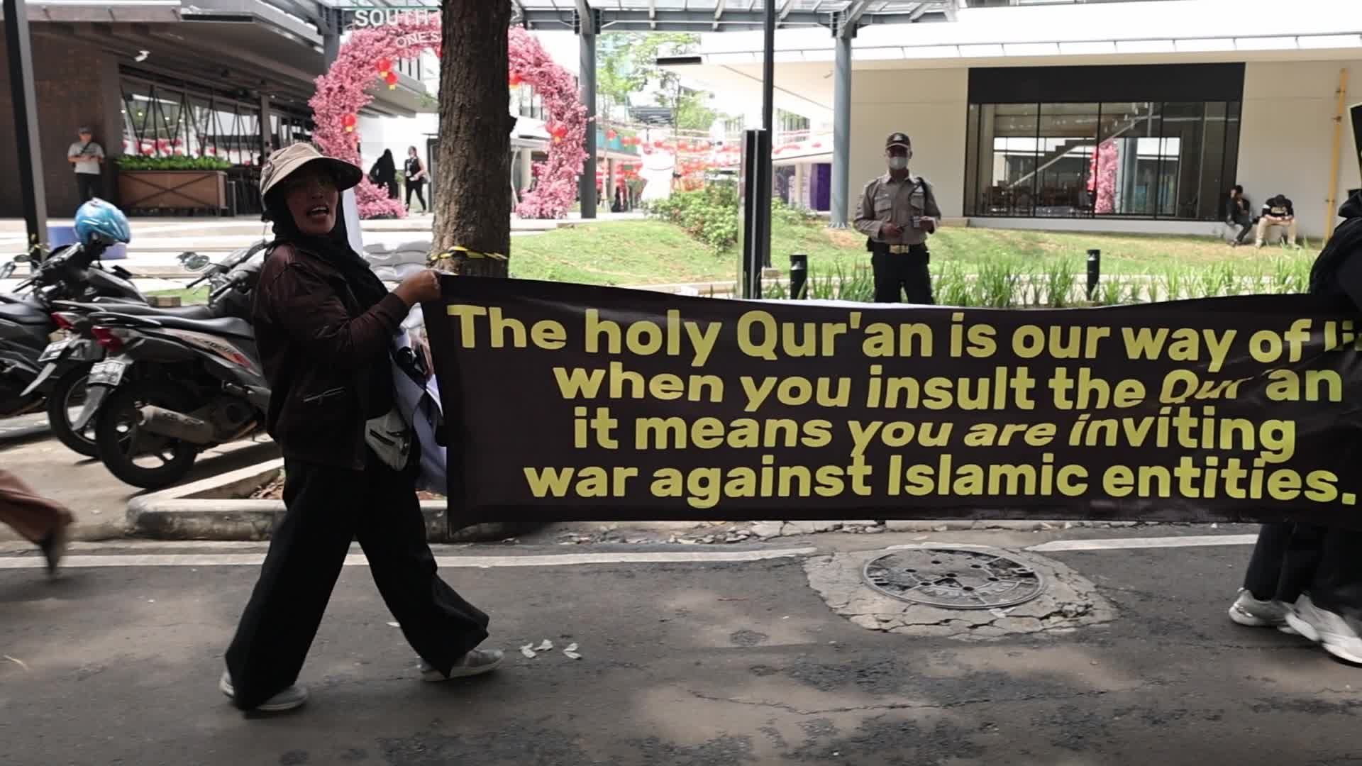 Protest Over Burning Qur'an Incident In Sweden Outside Swedish Embassy Building in Jakarta, Indonesia