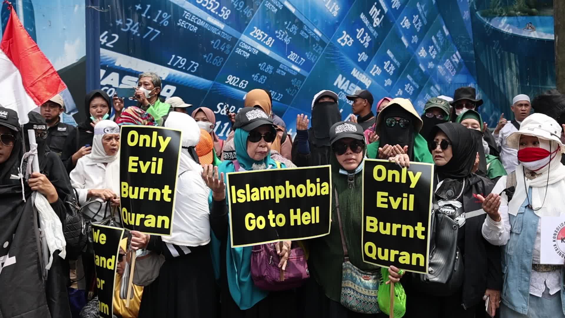 Protest Over Burning Qur'an Incident In Sweden Outside Swedish Embassy Building in Jakarta, Indonesia