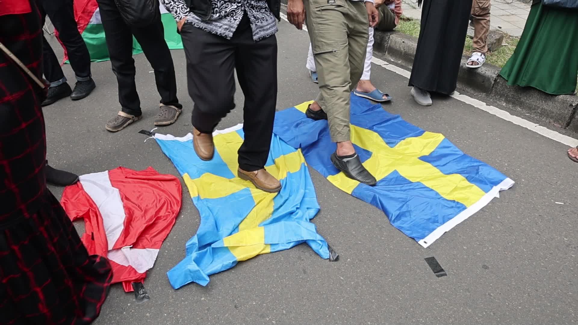 Protest Over Burning Qur'an Incident In Sweden Outside Swedish Embassy Building in Jakarta, Indonesia