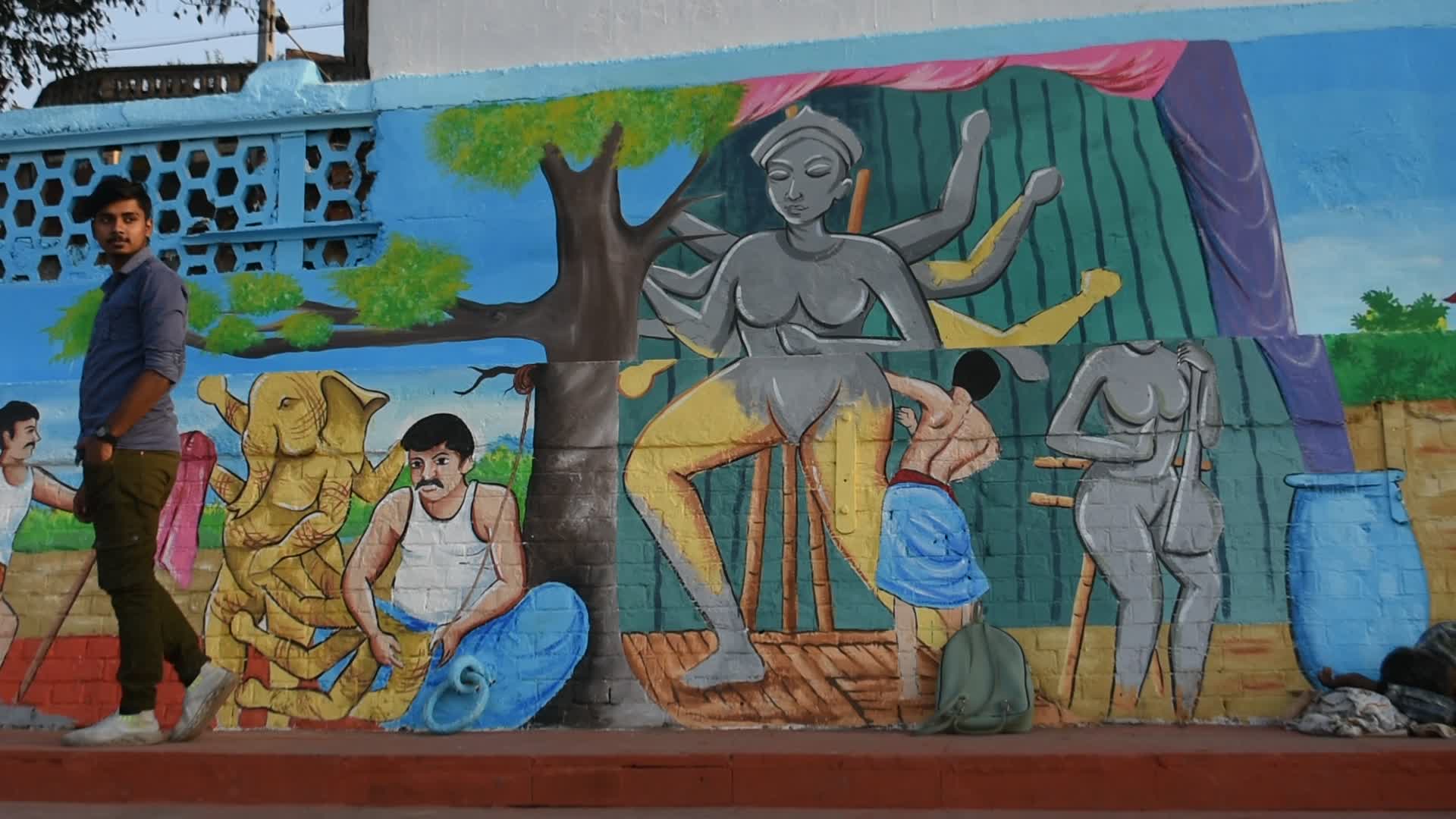 Durga Puja Graffiti wall art in Kolkata.