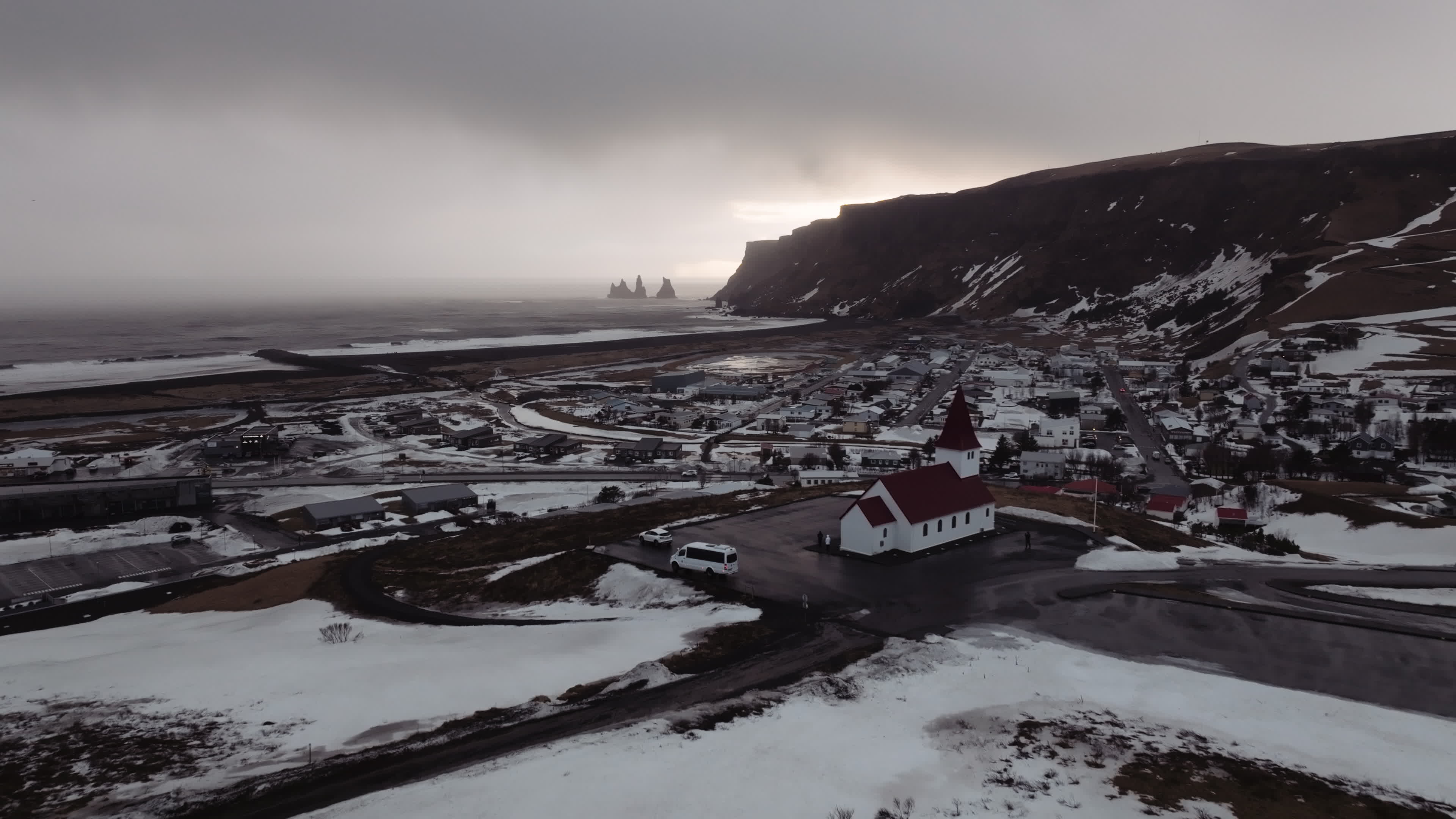 Drone View Of Vík i Myrdal Church, Iceland