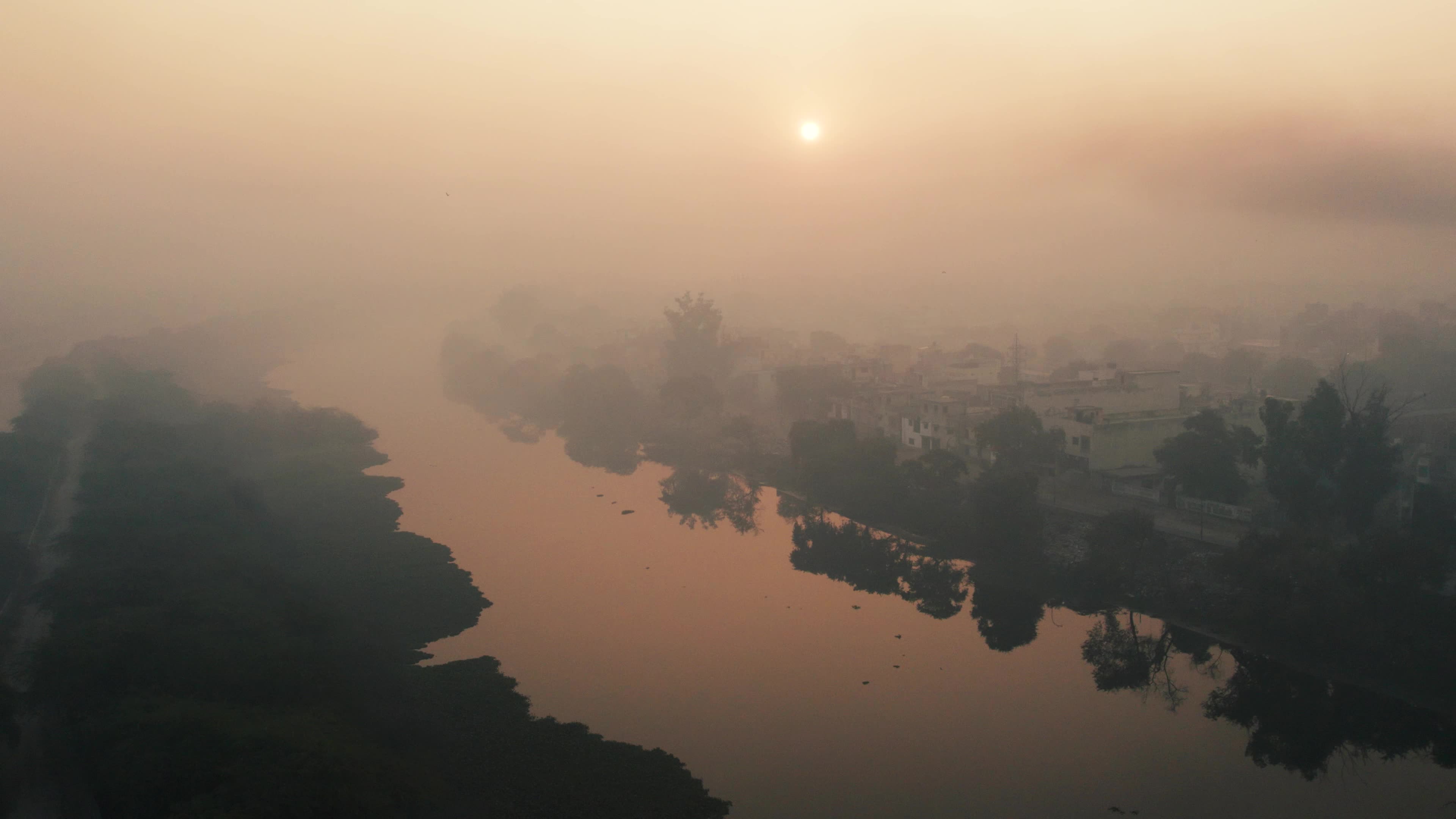 An early morning aerial video of Najafgarh Drain, New Delhi, India