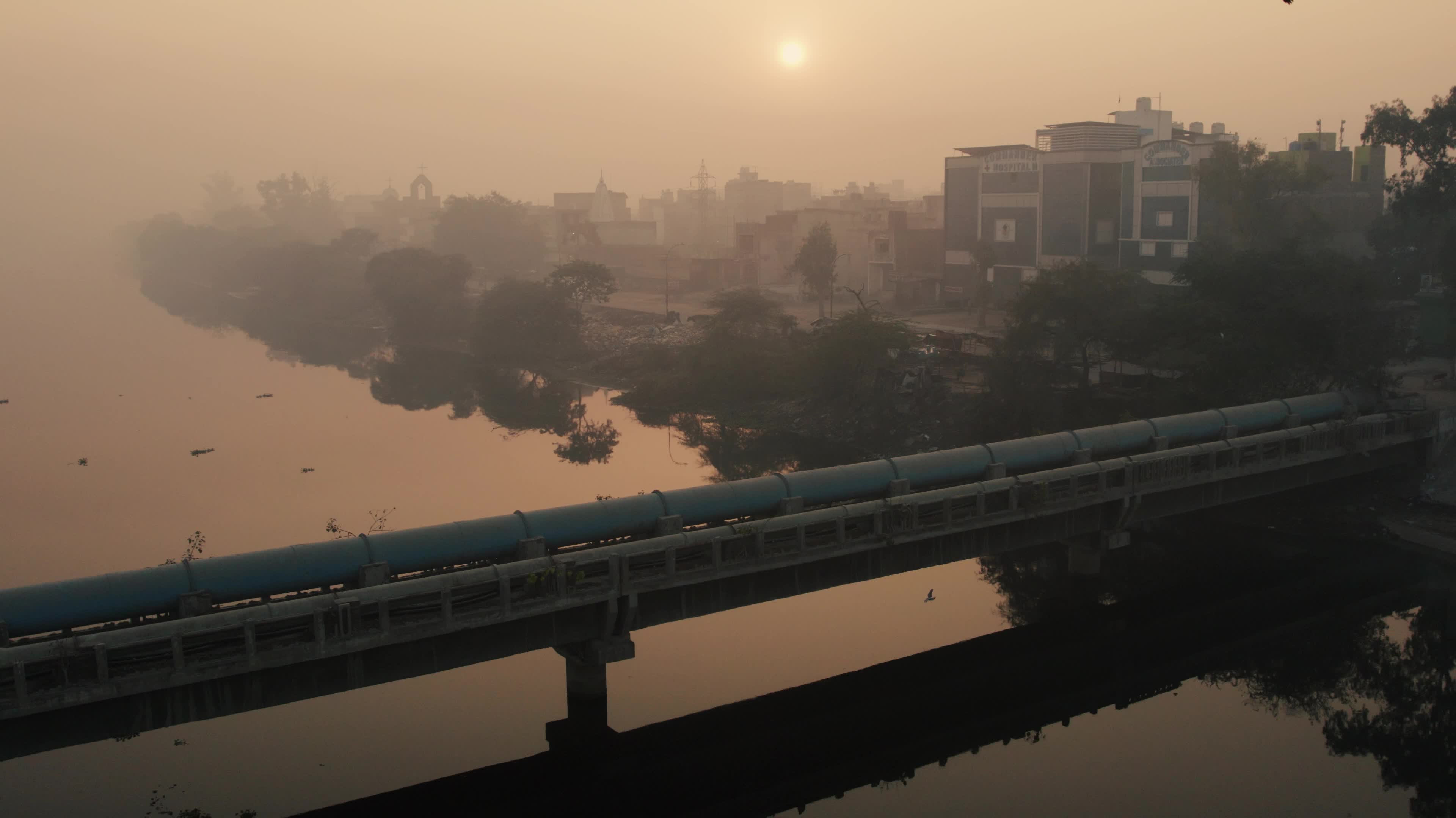 An early morning aerial video of Najafgarh Drain, New Delhi, India