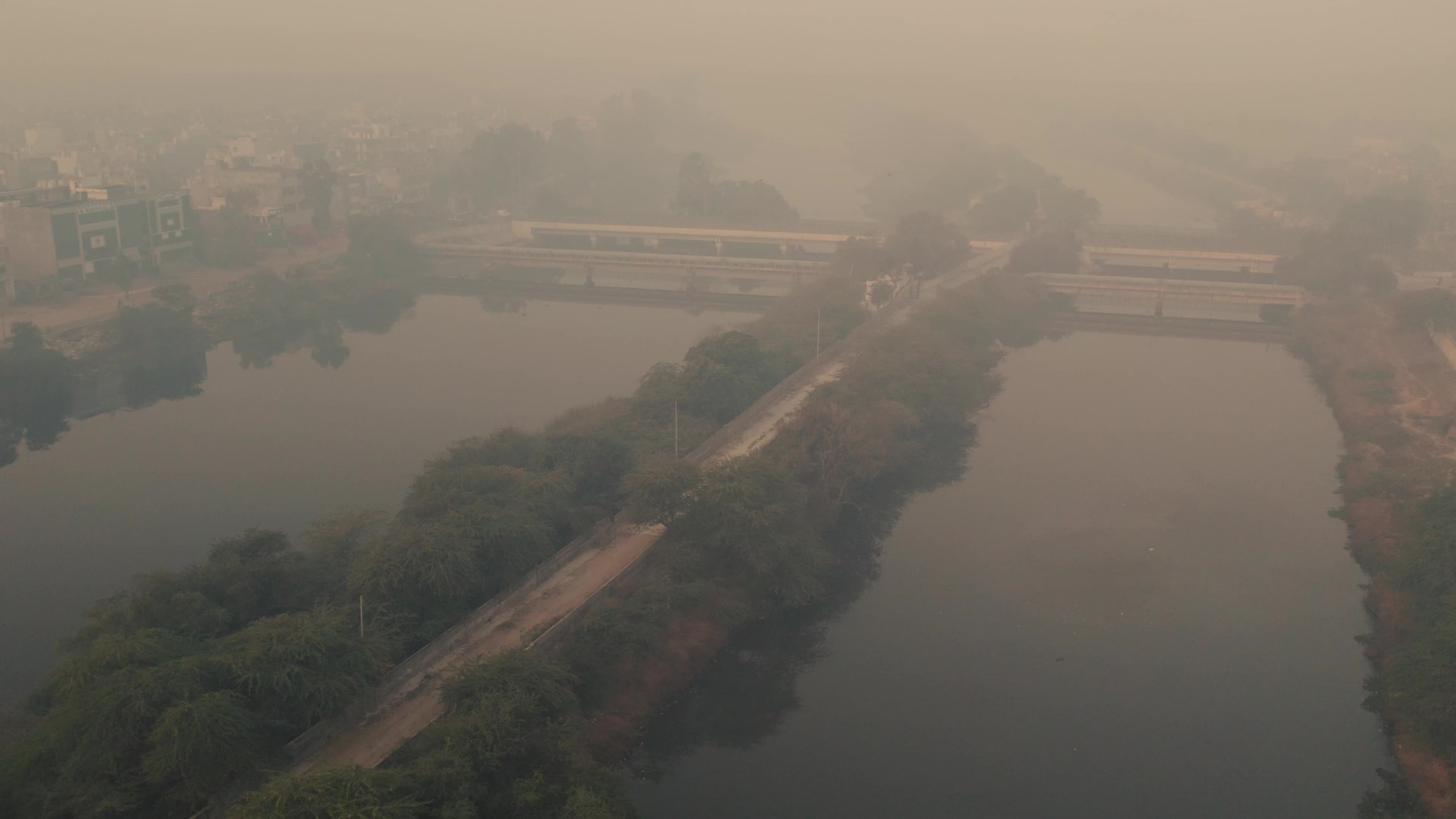 An early morning aerial video of Najafgarh Drain, New Delhi, India