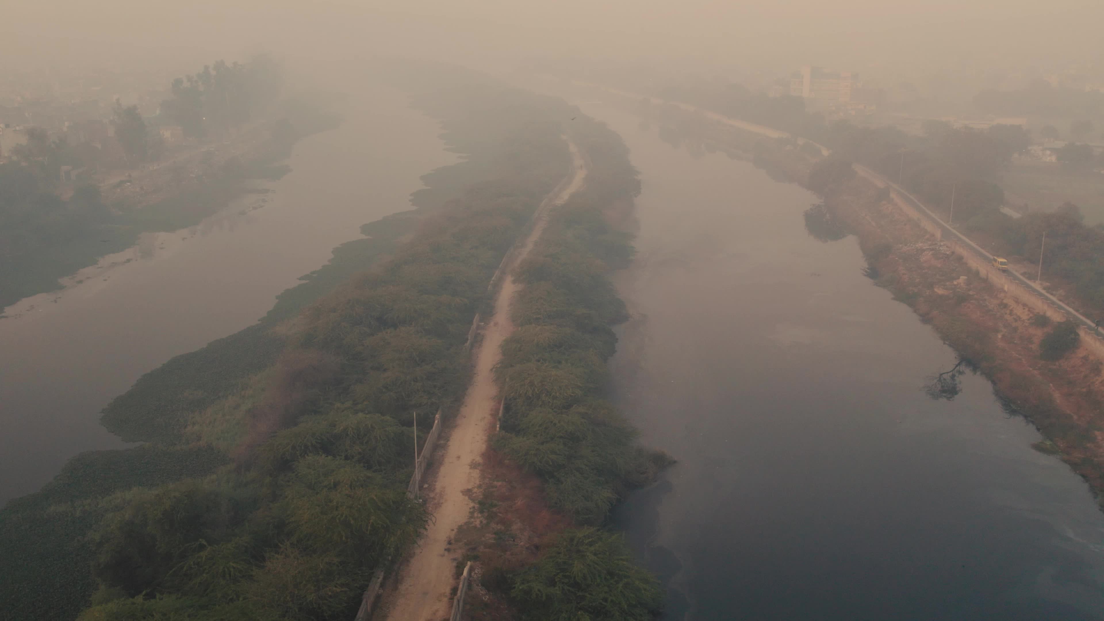 An early morning aerial video of Najafgarh Drain, New Delhi, India