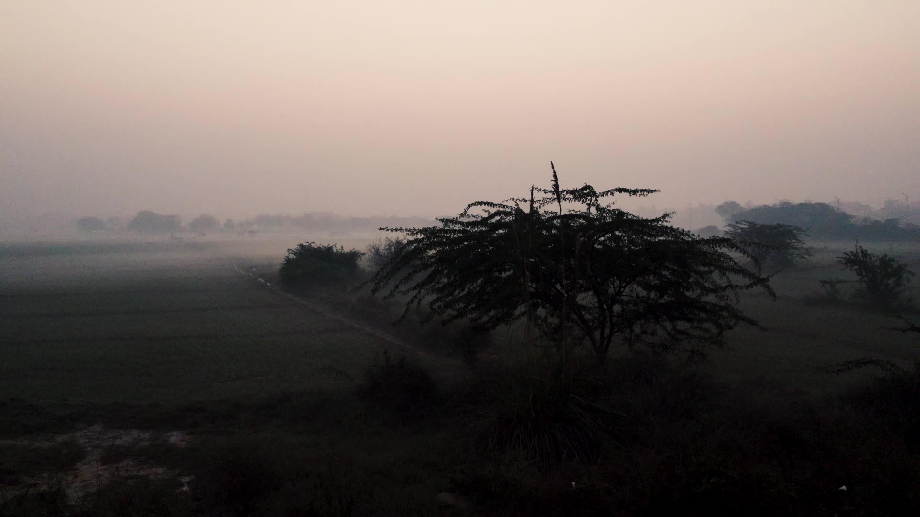 Aerial Video of empty fields on a winter foggy morning.