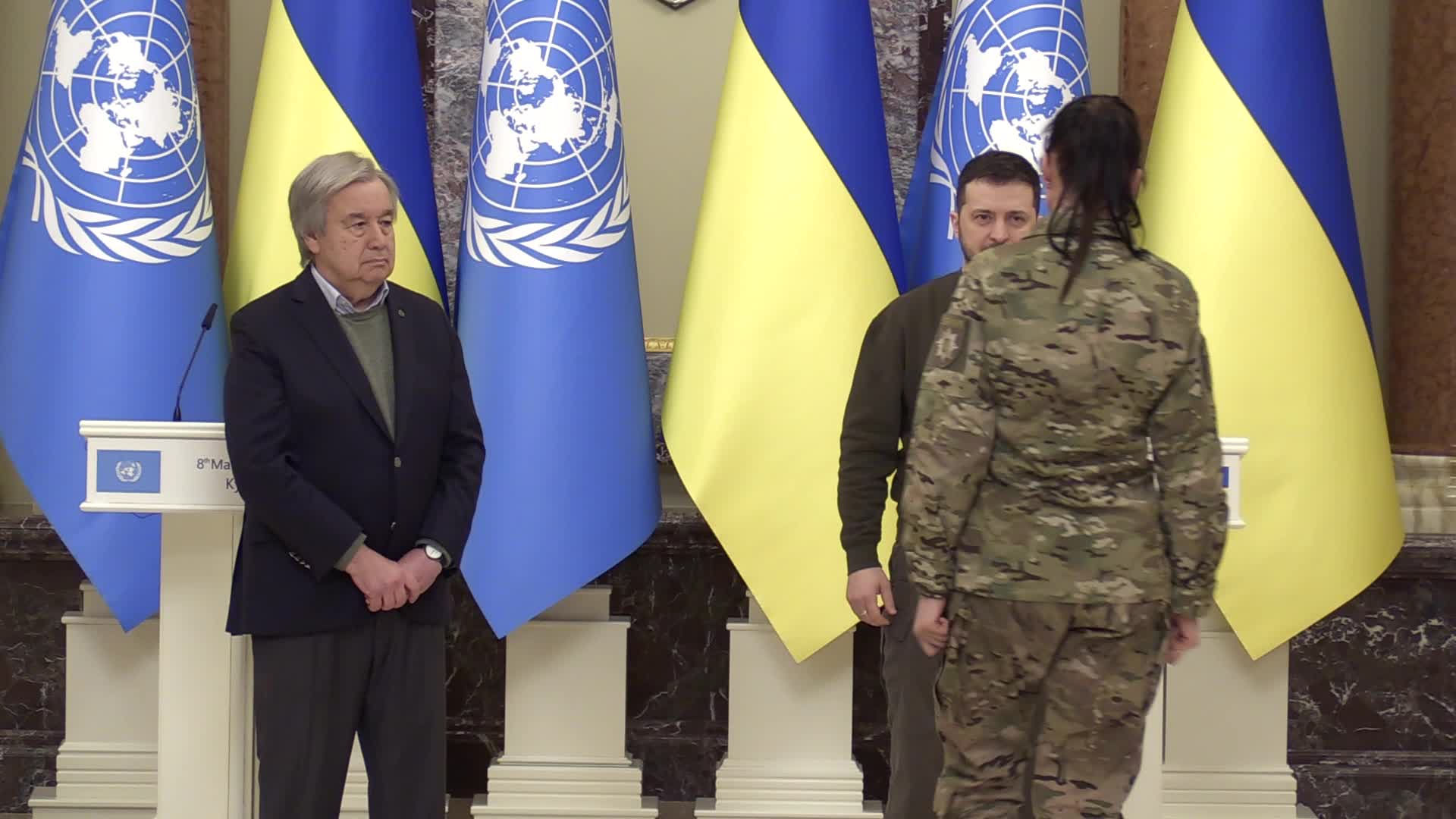 Ukrainian President with the participation of the UN Secretary General awarded female soldiers on the occasion of International Women's Day in Kyiv, amid Russia's invasion of Ukraine