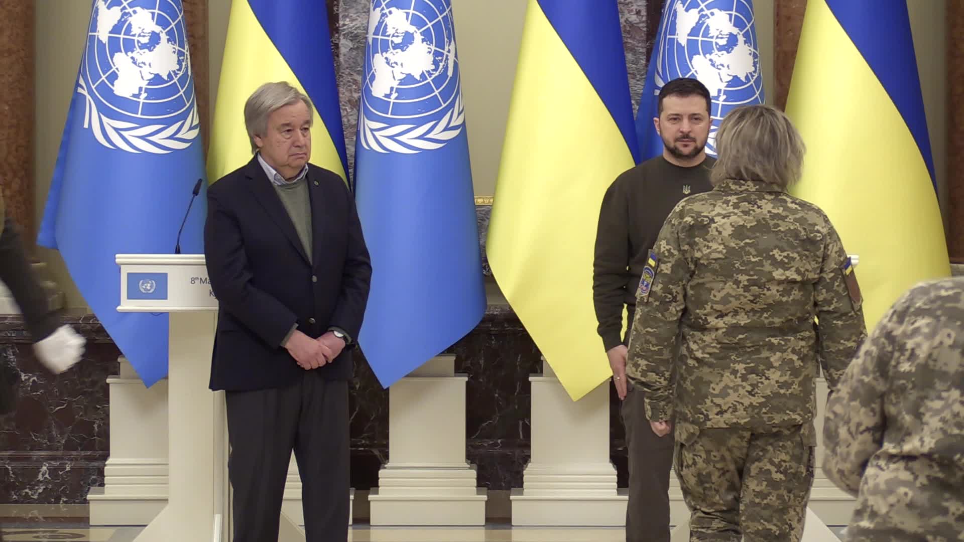 Ukrainian President with the participation of the UN Secretary General awarded female soldiers on the occasion of International Women's Day in Kyiv, amid Russia's invasion of Ukraine