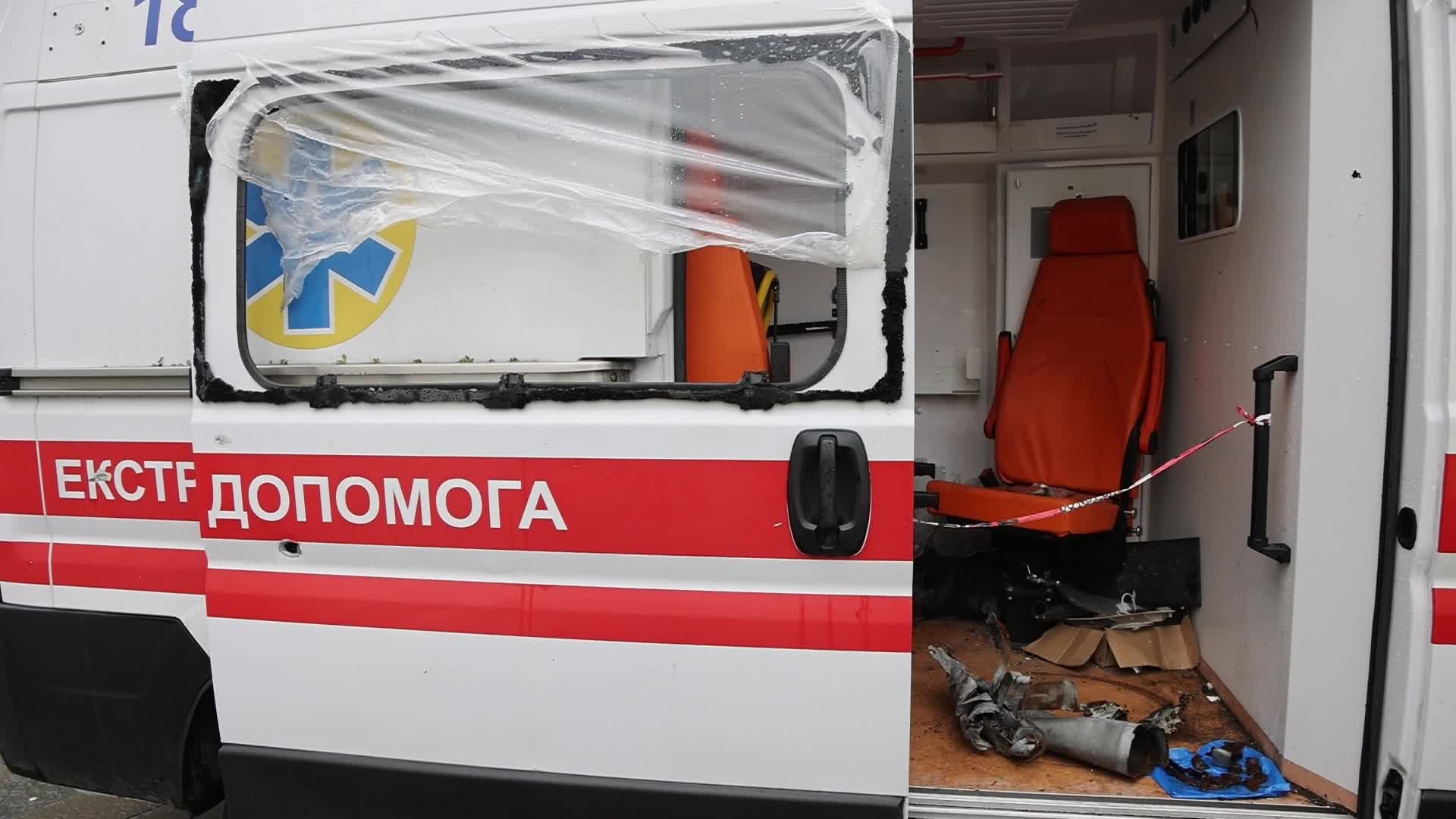 Damaged from artillery fire ambulance from Ukraine displayed in travel exhibition in Dutch cities - Tour de Ambulance