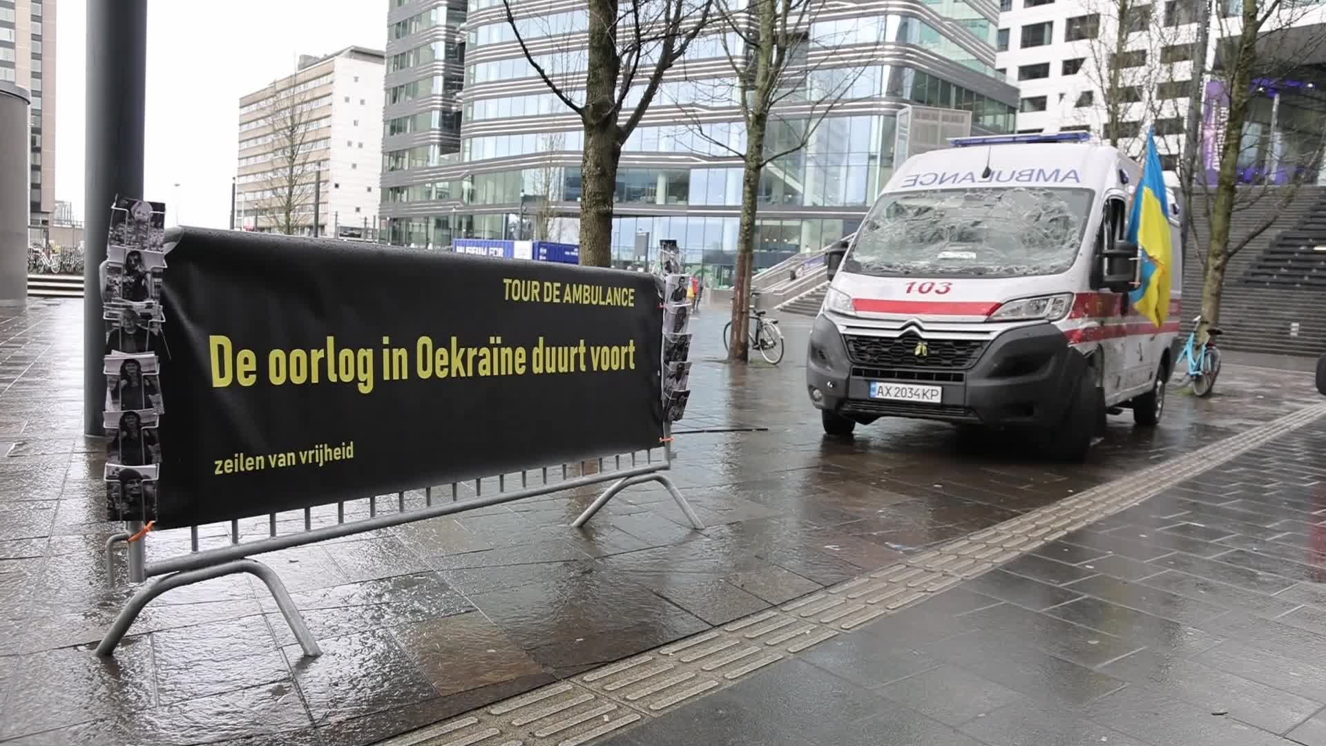 Damaged from artillery fire ambulance from Ukraine displayed in travel exhibition in Dutch cities - Tour de Ambulance