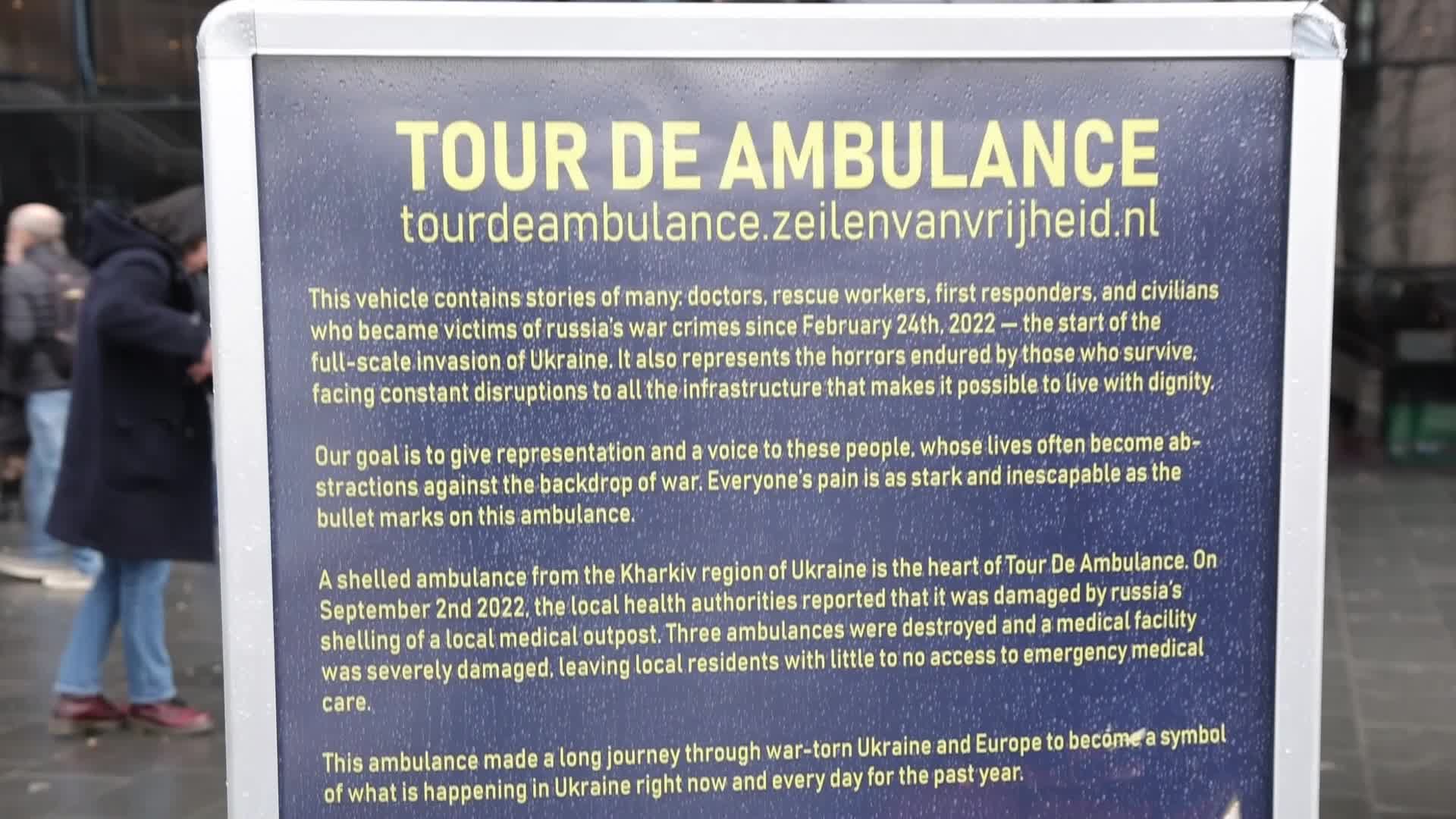 Damaged from artillery fire ambulance from Ukraine displayed in travel exhibition in Dutch cities - Tour de Ambulance