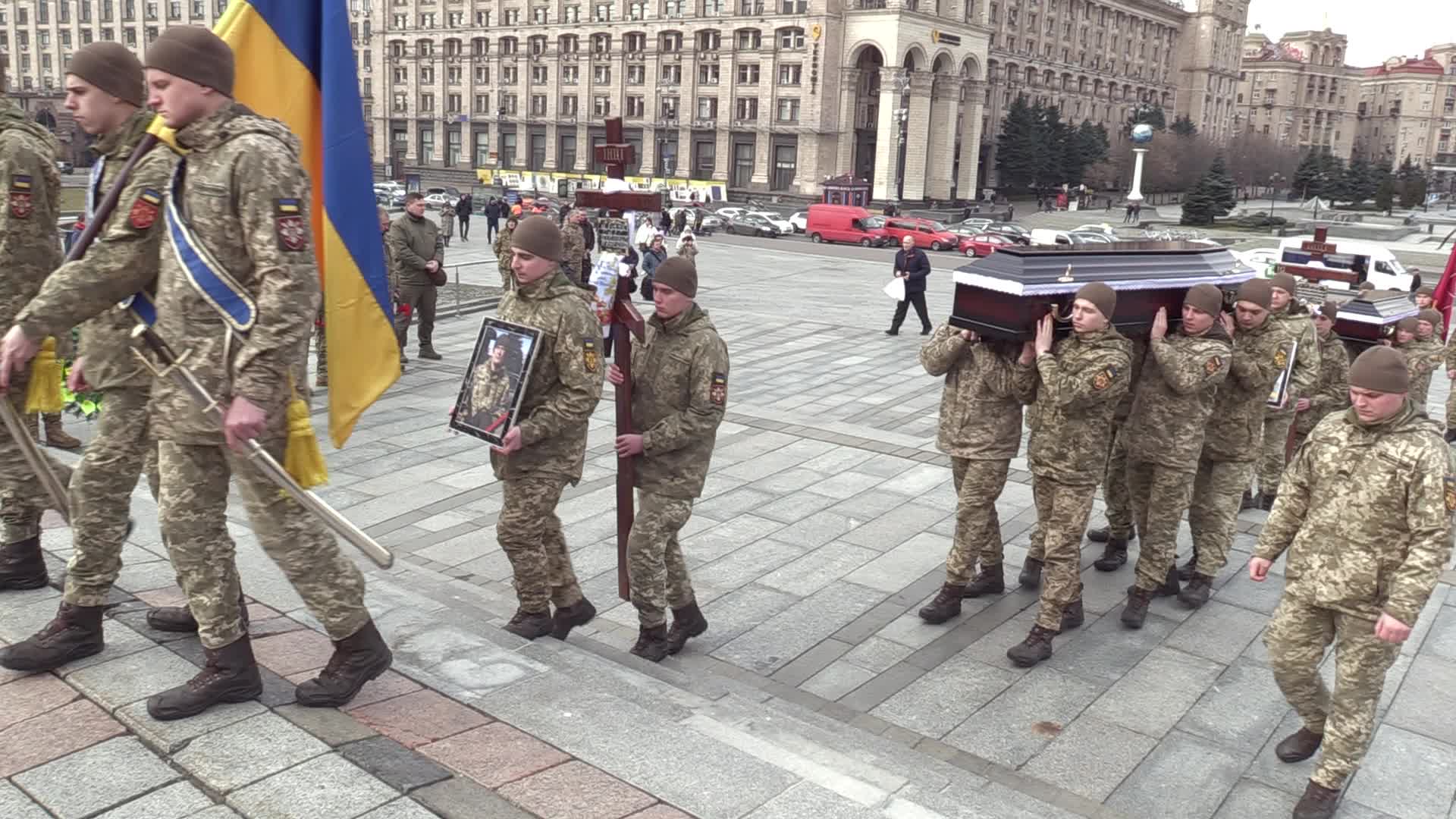 A farewell ceremony for Ukrainian soldiers, father and son who died at a fight with Russian troops near Bakhmut, in Kyiv