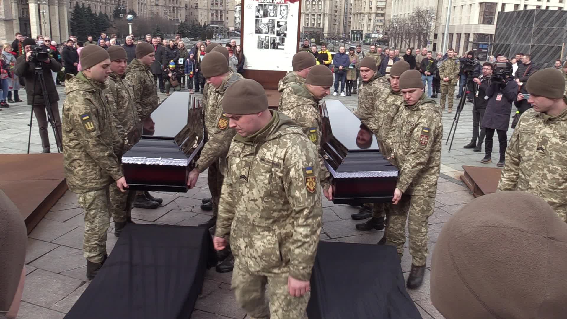 A farewell ceremony for Ukrainian soldiers, father and son who died at a fight with Russian troops near Bakhmut, in Kyiv